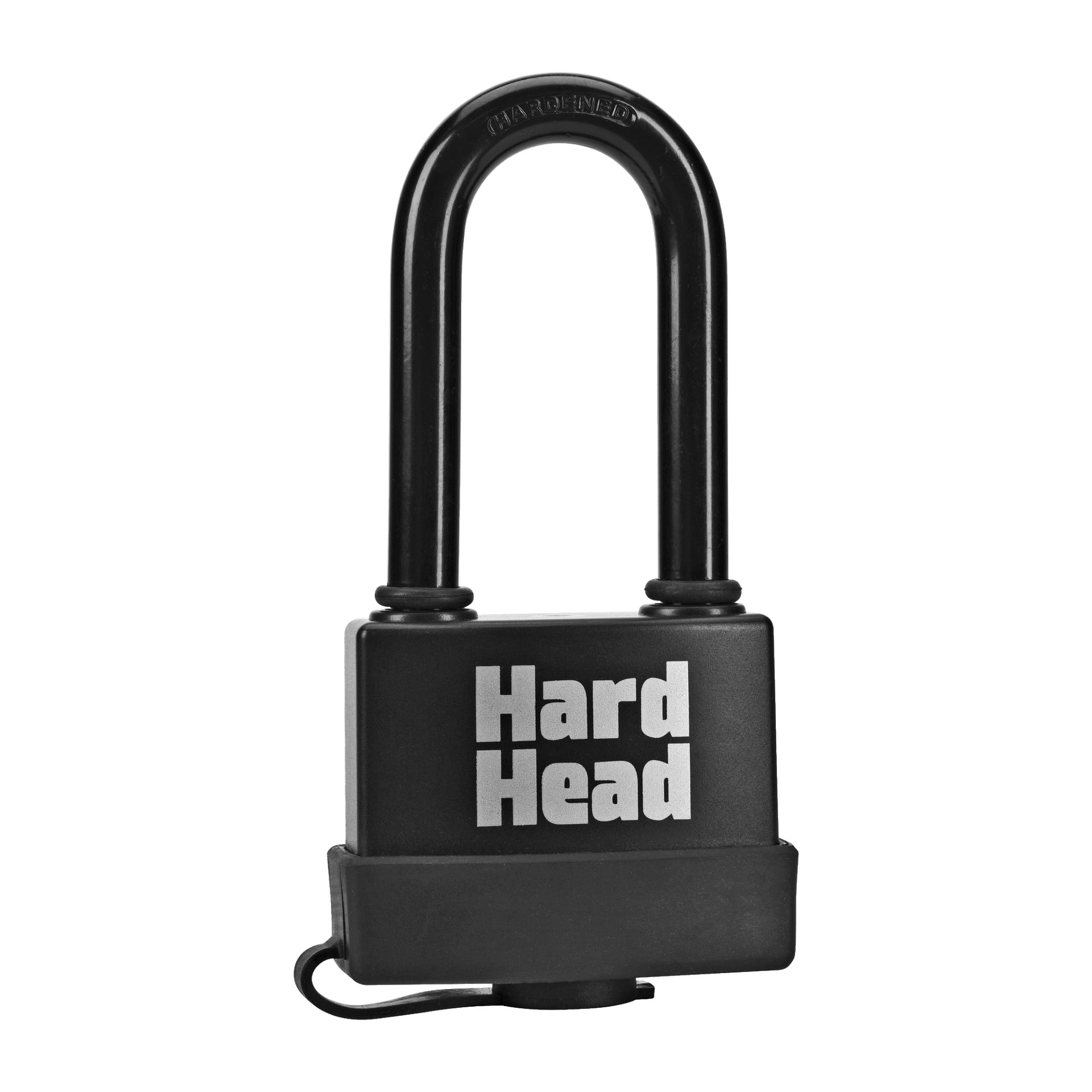 Ett slitstarkt svart Hard Head-hänglås med förlängd boja som visade varumärket framtill och ett litet skyddslock vid basen.