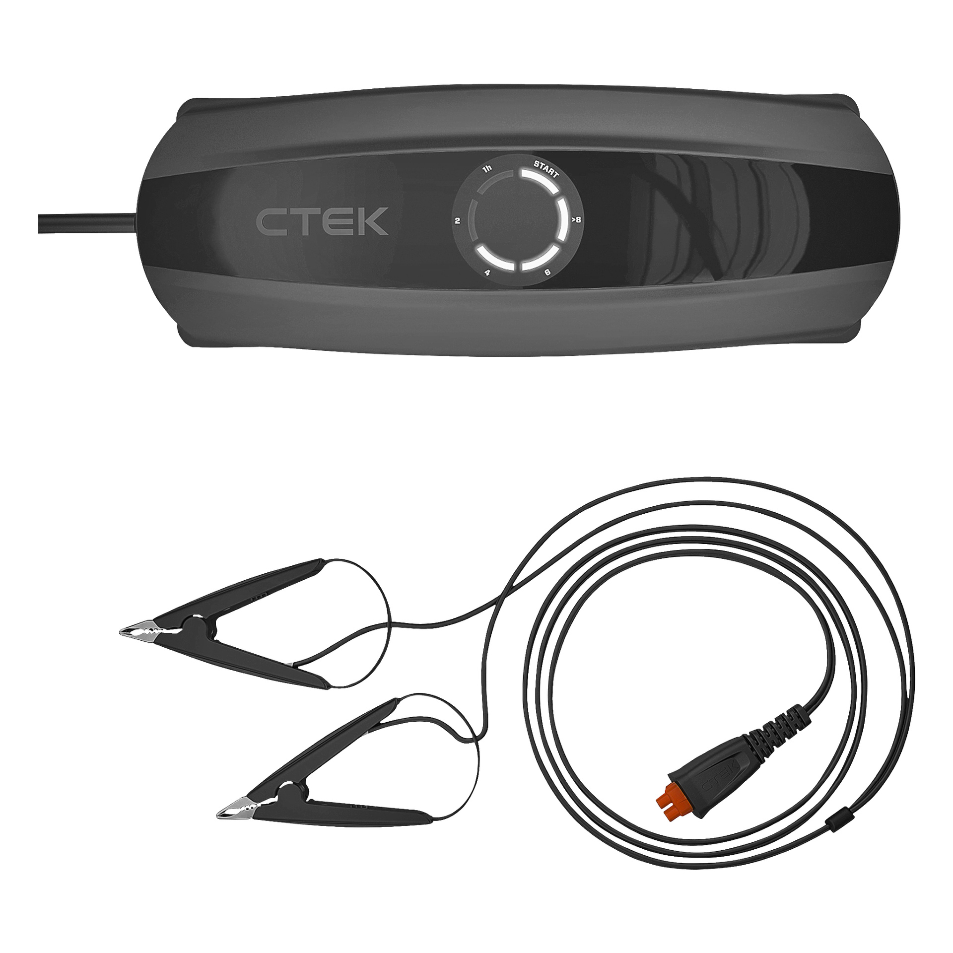 CTEK Battery Charger CS ONE visas upp och visar upp sin eleganta svarta konstruktion, cirkulära kontrollratt och kopplade kablar med två klämmor och en avtagbar kontakt.