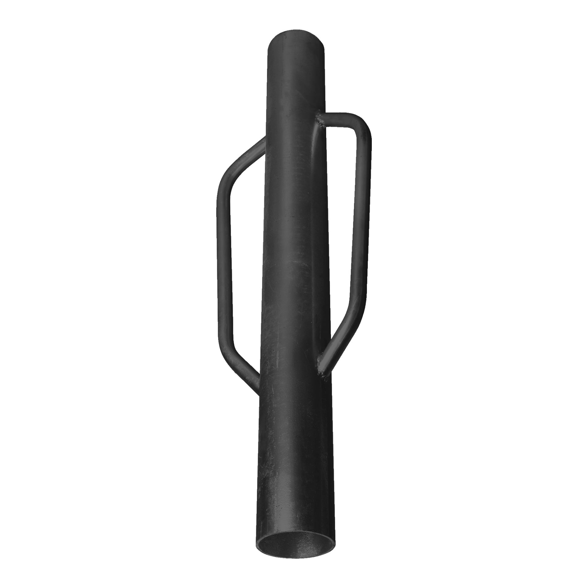 Hard Head Post driver to narzędzie z czarnego metalu wyposażone w dwa boczne uchwyty, przeznaczone do ręcznego wbijania słupków ogrodzeniowych lub palików w ziemię. Jest ustawiony pionowo.