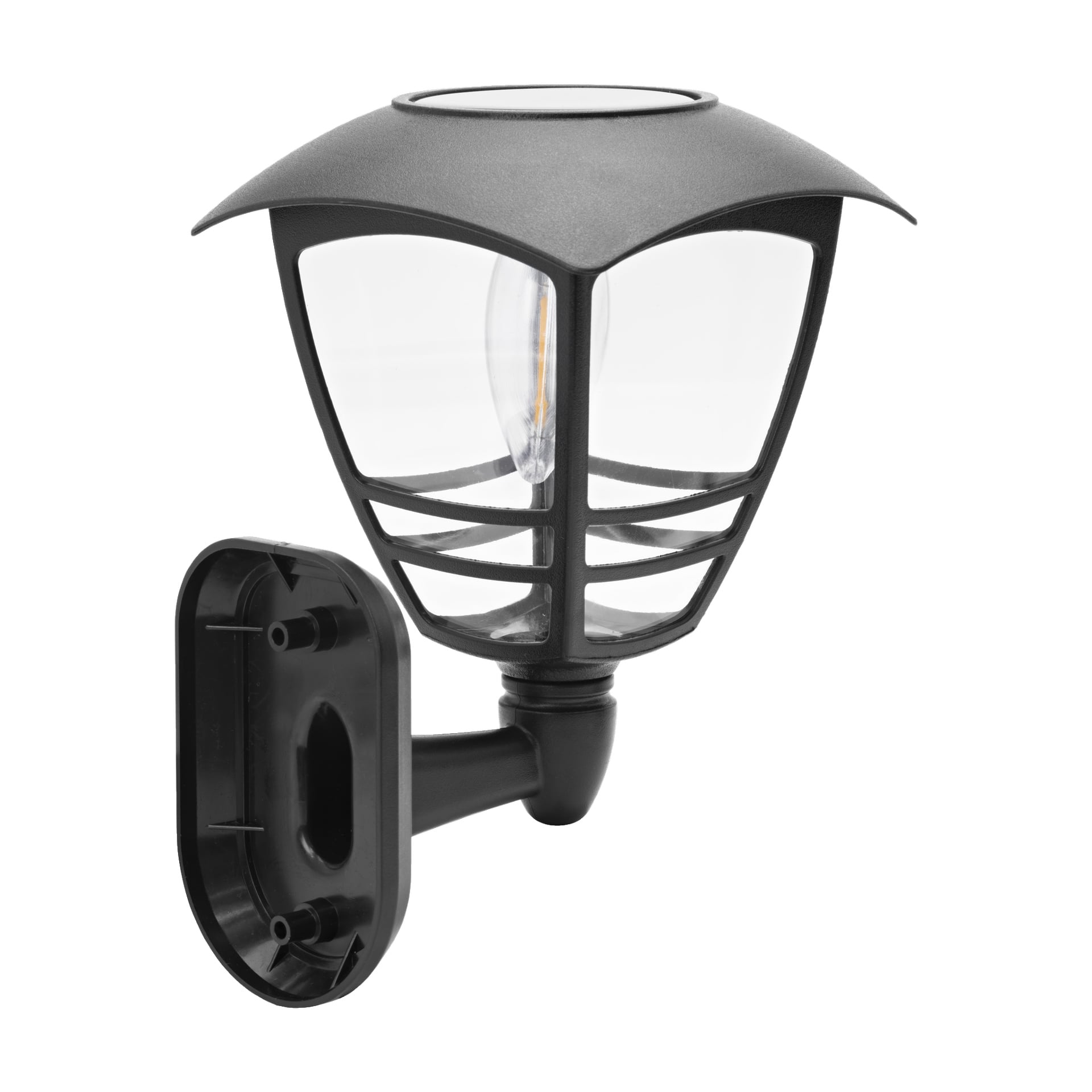Lampa ścienna LED solarna firmy Anslut ma, nowoczesny wygląd z przezroczystą szklaną obudową, widoczną żarówką i płytą montażową, idealną do przestrzeni zewnętrznych.