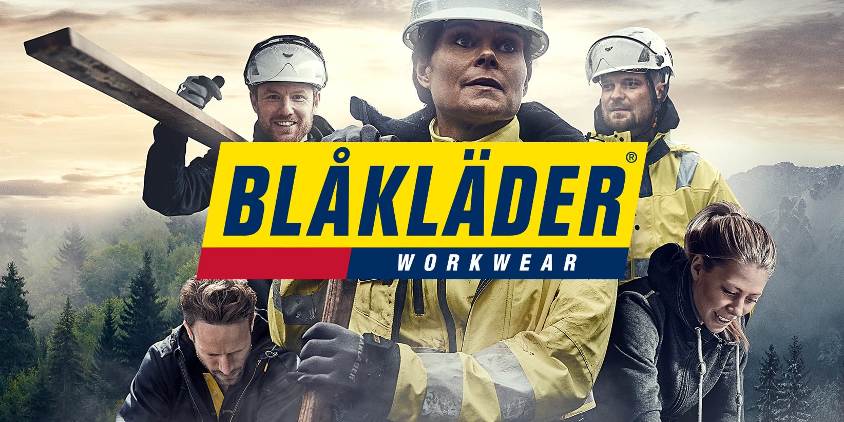 Fem personer i gula och svarta arbetsjackor och skyddsutrustning står utanför med verktyg, med Blåkläder Workwears logotyp i mitten.