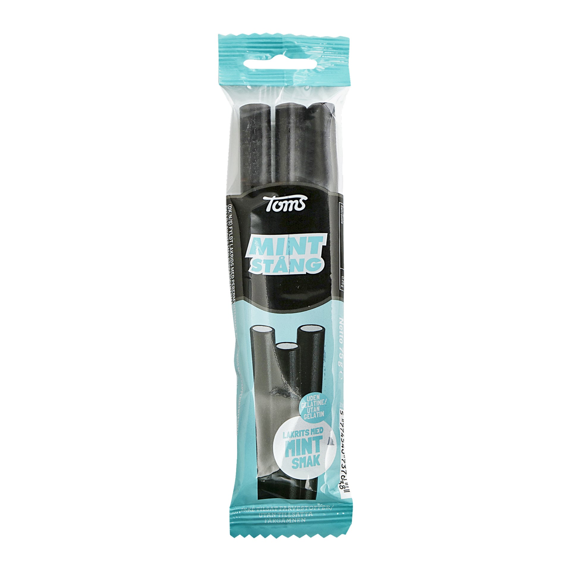 Ett paket Toms Mint bar 3-pack med ett teal- och svart omslag. Tre svarta lakritsbars syns genom ett genomskinligt fönster, och förpackningen har text som beskriver produkten samtidigt som godiset visas inuti.