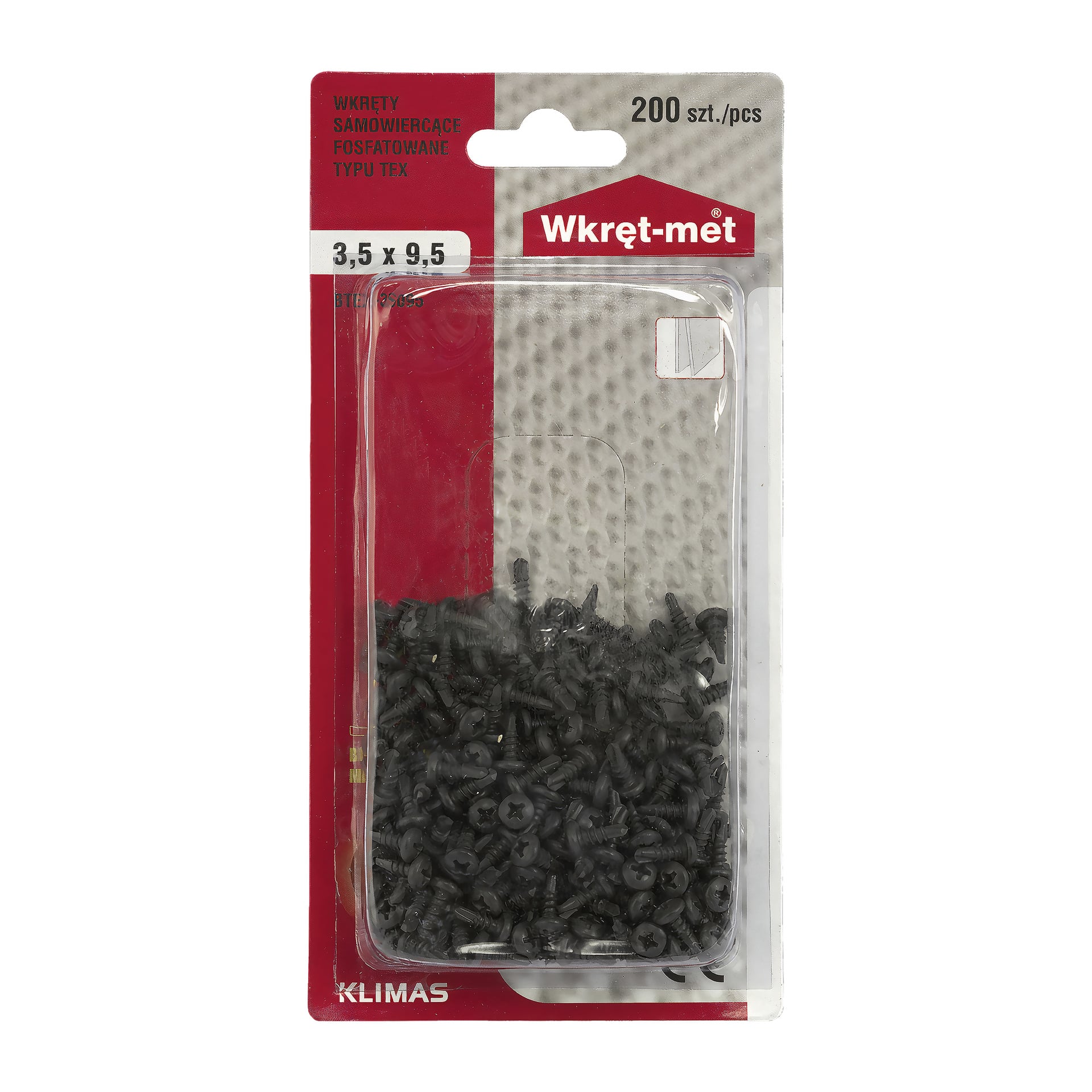 Przezroczyste plastikowe opakowanie firmy Wkręt-met, oznaczone "200 pack", mieści 200 czarnych samogwintujących śrub o wymiarach 3,5 x 9,5 mm, ułożonych na czerwono-białym tekturowym podkładzie.