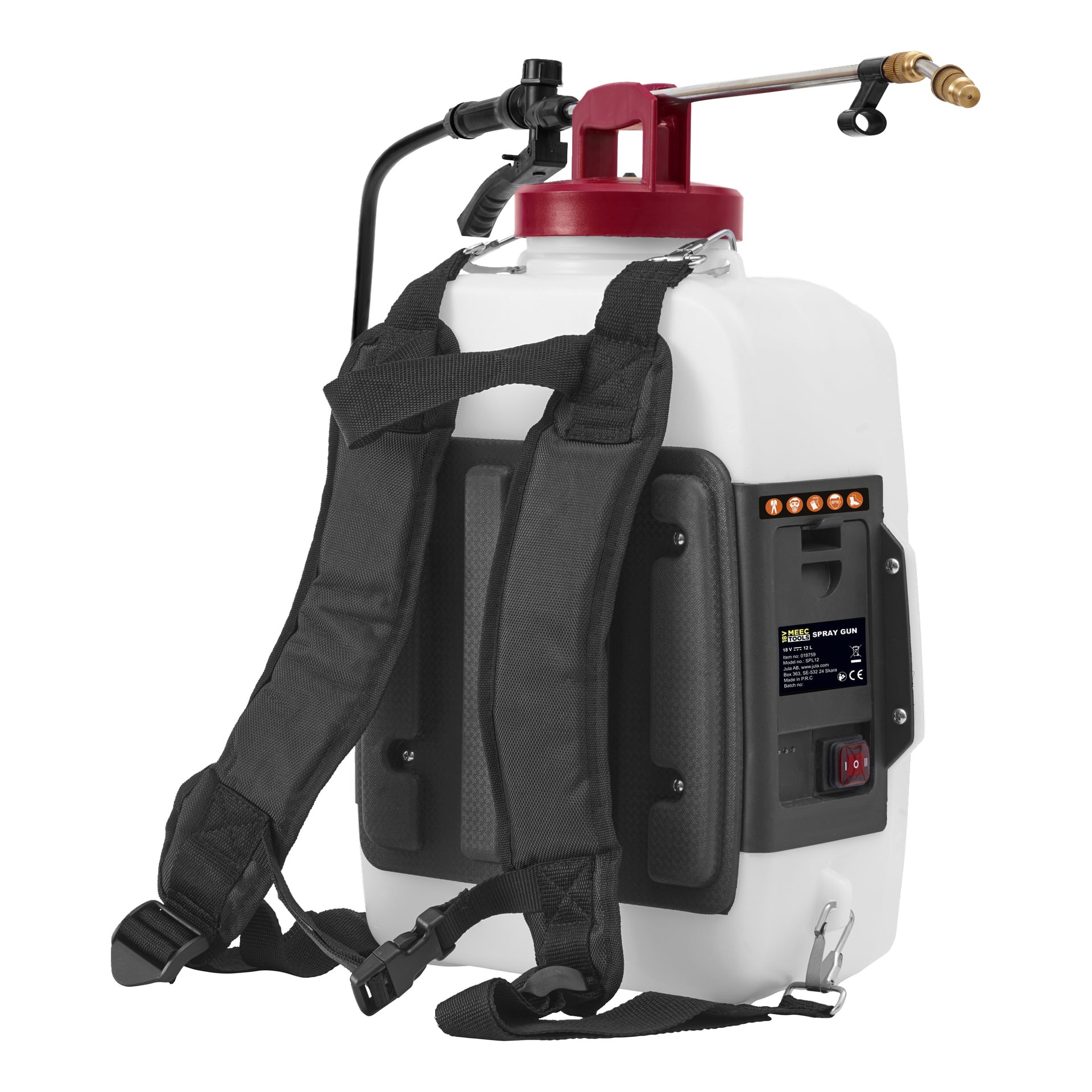 Meec Tools Multiseries PS-18V HOME 500 er en batteridrevet ryggsekksprøyte i hvitt og svart, med skulderstropper, et rødt håndtak på toppen, en spraystav og et kontrollpanel med knapper, bryter og indikatorlys.