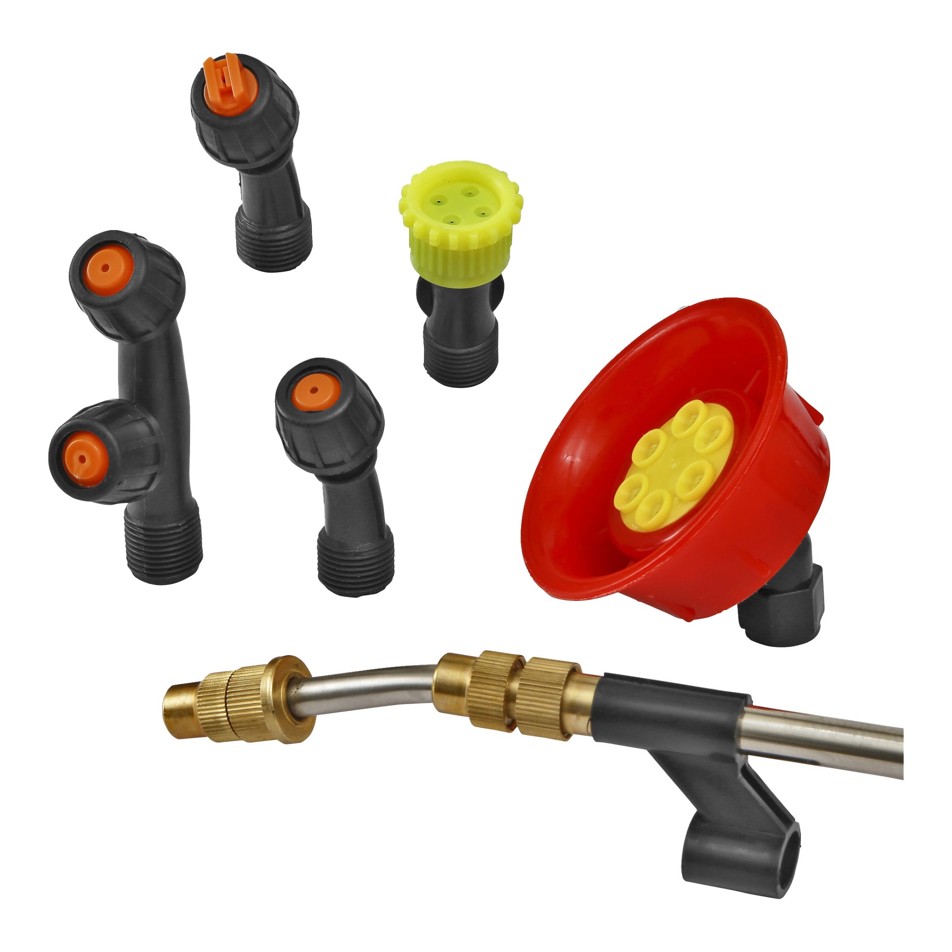 Fem svarte plastdyser med oransje eller gule tupper, et stort rødt dysehode og en metallspray med messingbeslag vises som tilbehør til Meec Tools Multiseries batteridrevne spraypistol PS-18V HOME 500.