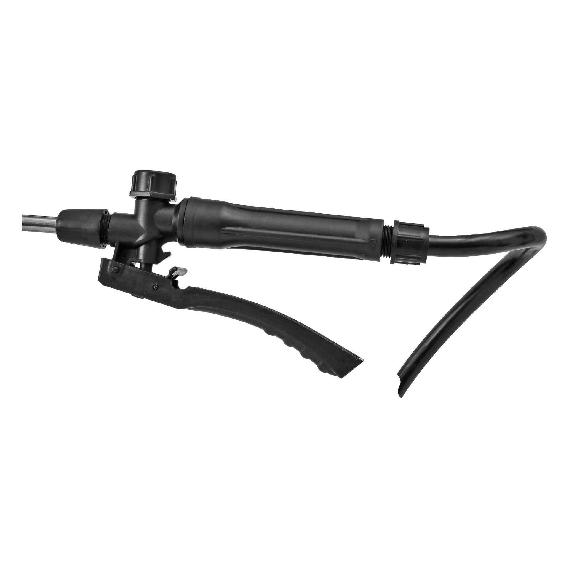 Meec Tools Multiseries batteridrevne spraypistol PS-18V HOME 500 har et svart plasthåndtak og en buet tut. Den utvidede nedovervendte avtrekkeren og den vinklede dysen er designet for praktisk bruk som håndholdt verktøy, ideelt for hagearbeid eller rengjøring.