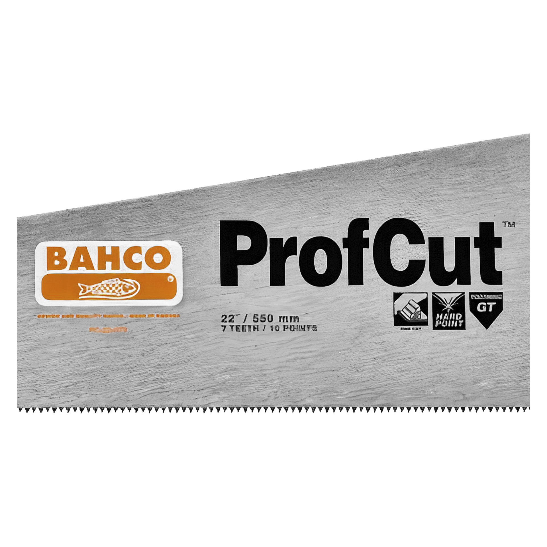 Närbild av ett Bahco Handsaw ProfCut PC-22-GT7-blad, som visar Bahco-varumärket, bladstorleken 22 tum (550 mm) och detaljer som 7 tänder/10 punkter per tum. Bladet har också ikoner som representerar hårda tänder och GT-teknologi, med svarta och orange bokstäver på metallytan.