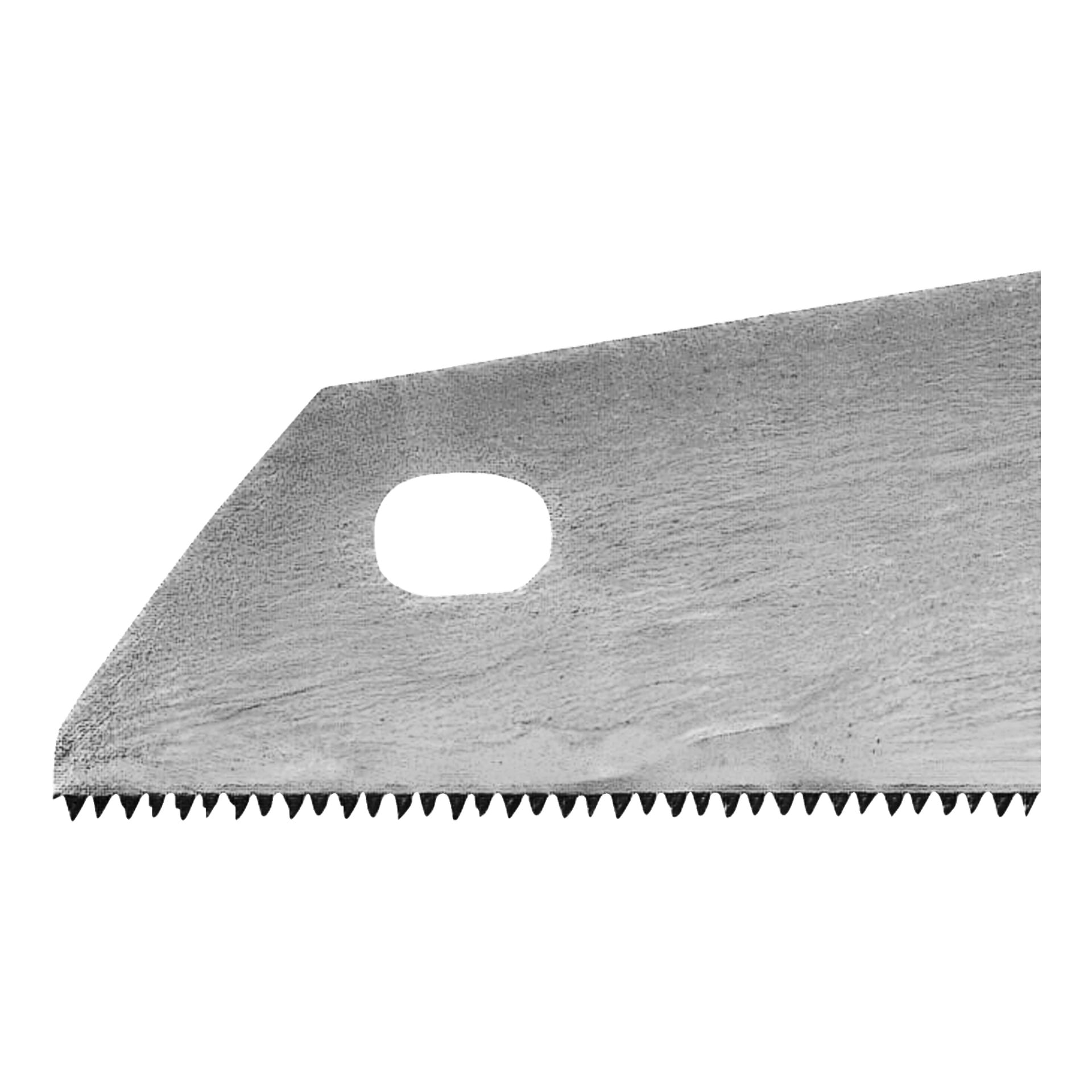 Närbild av Bahco Handsaw ProfCut PC-22-GT7-bladet, med fokus på dess tandade egg och handtagshål. Metallbladet är rakt med vassa, jämnt placerade tänder.