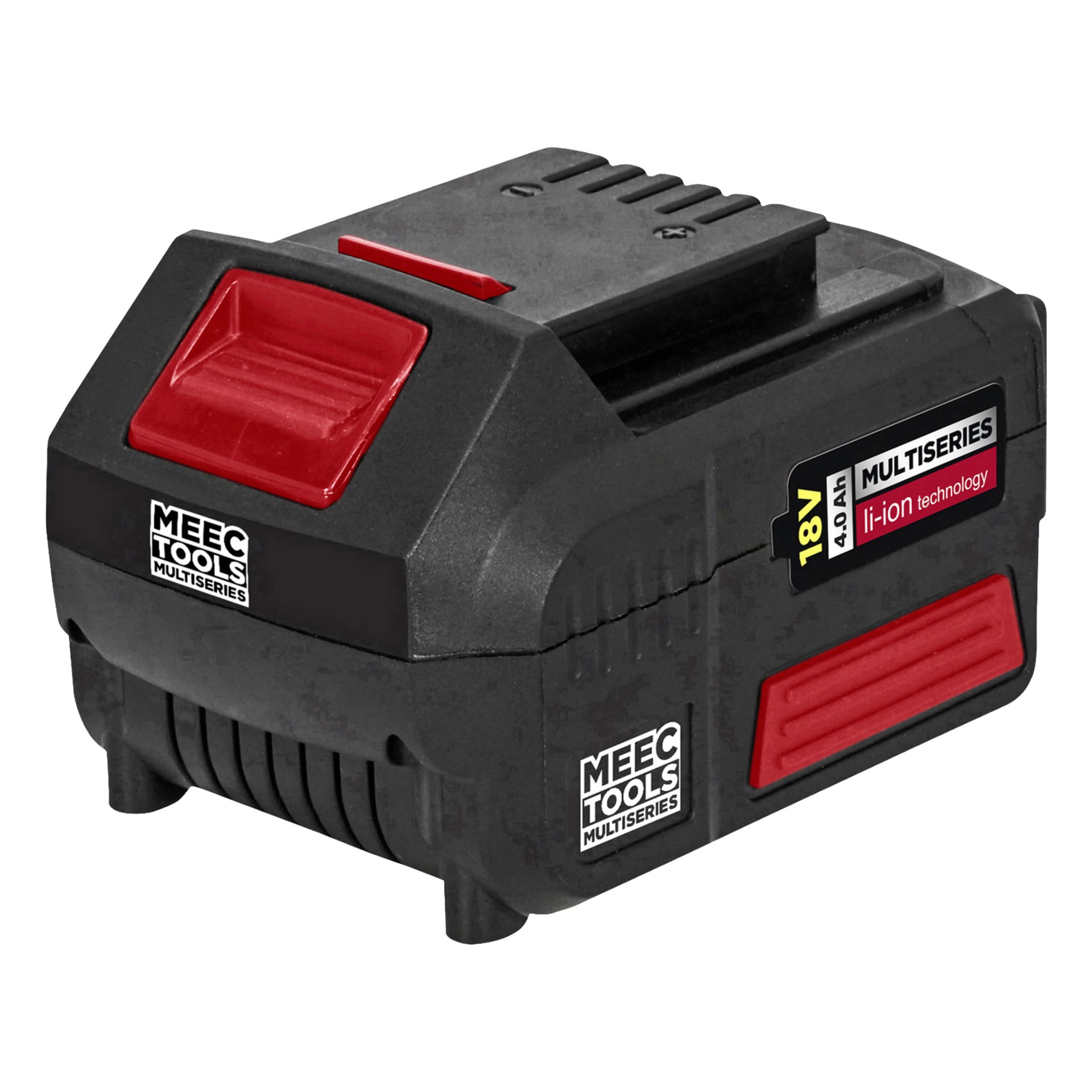 En svart och röd Meec Tools Multiseries batteridriven slagnyckel IW-18V EASY 100 visas med synliga märken, en inskjutbar kontakt för batteriet och ventilerade ytor på sidorna.