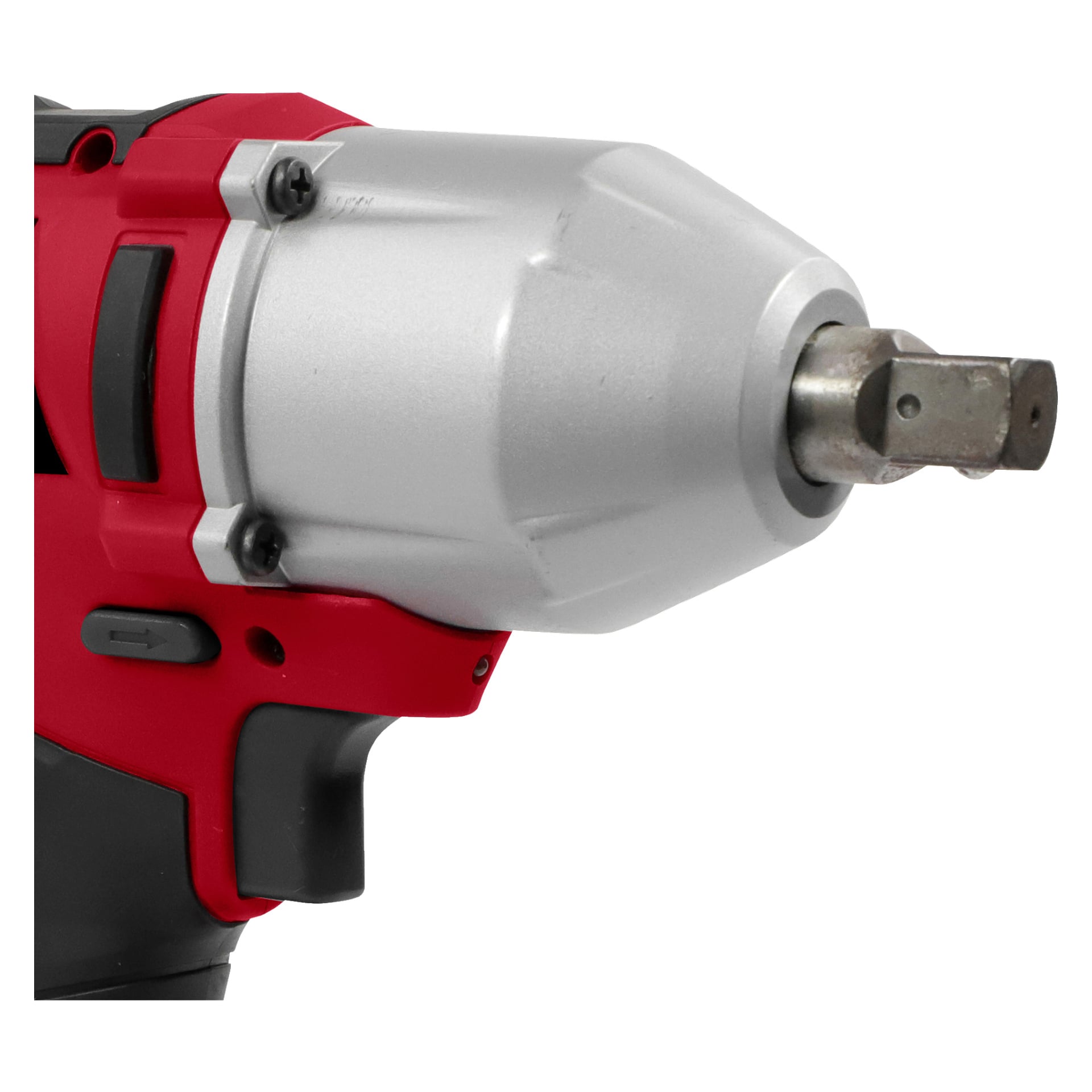 En detaljerad närbild av Meec Tools Multiseries IW-18V EASY 100 sladdlösa slagnyckel i rött och silver, med fokus på det solida metalldrivhuvudet och en del av det ergonomiska handtaget. Vinkeln framhäver dess starka och hållbara konstruktion.