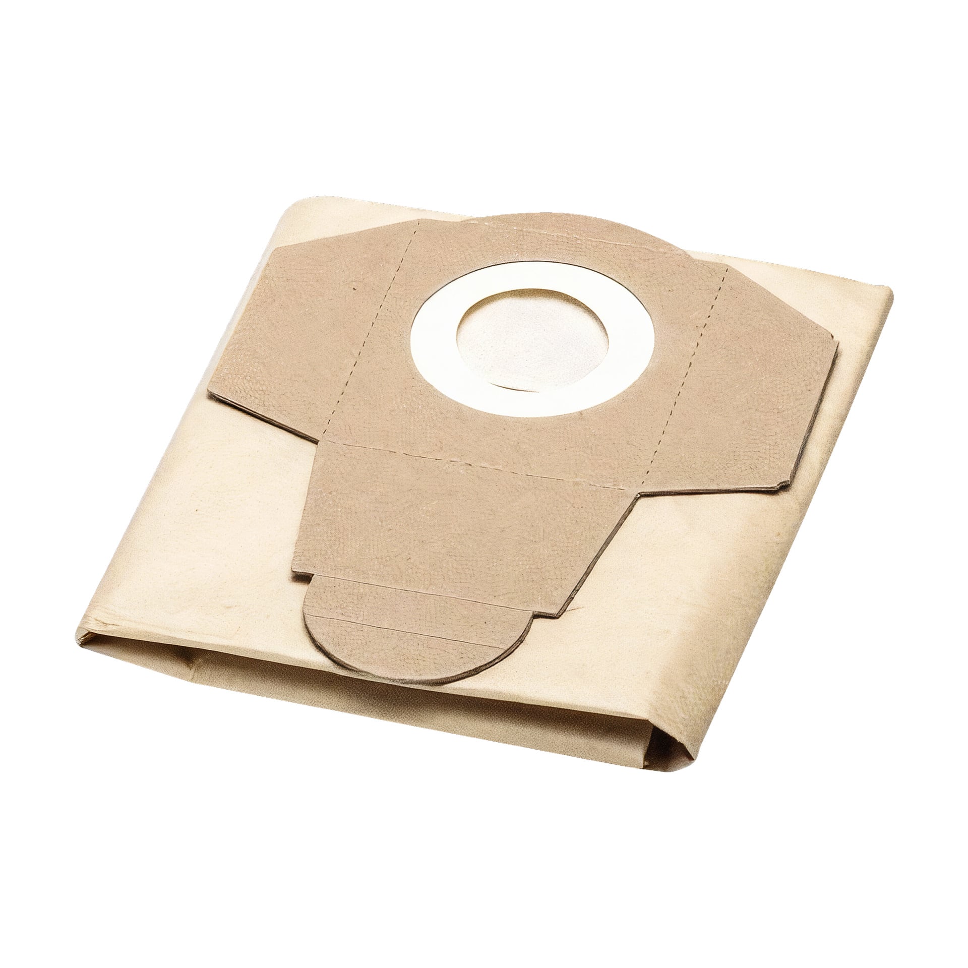 Prezentowana jest torba na odkurzacz Ryobi z zestawu "Vacuum cleaner bags 5", o prostokątnym wzorze, z kartonowym kołnierzem i okrągłym otworem umieszczonym na środku.