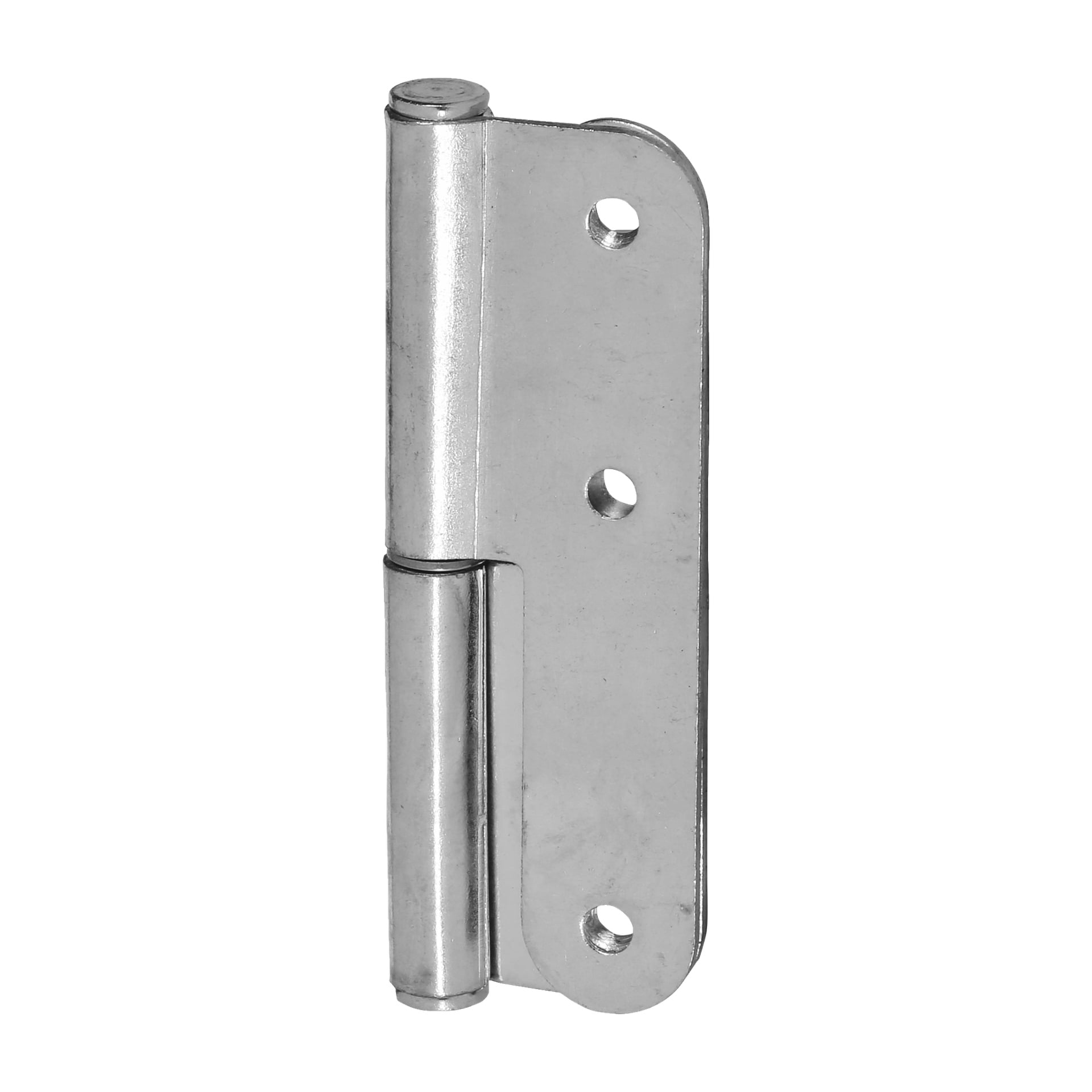 En närbild av ett Hard Head Lifting-gångjärn från tvåpacket, som visar dess silvermetallfinish och tre skruvhål, visas vertikalt för att framhäva stiftet och monteringsplattorna.