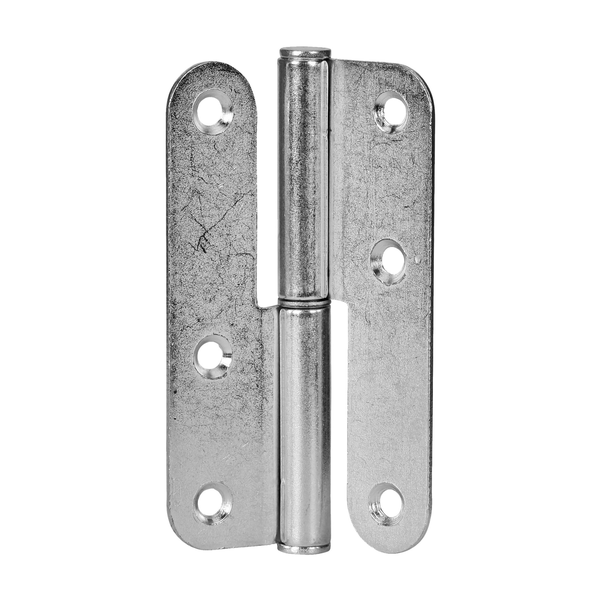 En närbild av ett Hard Head Lift-off-gångjärn för en vänster svängdörr från en 2-pack, med sex skruvhål och en central cylindrisk pinne. Gångjärnet är upprätt och delvis öppet.