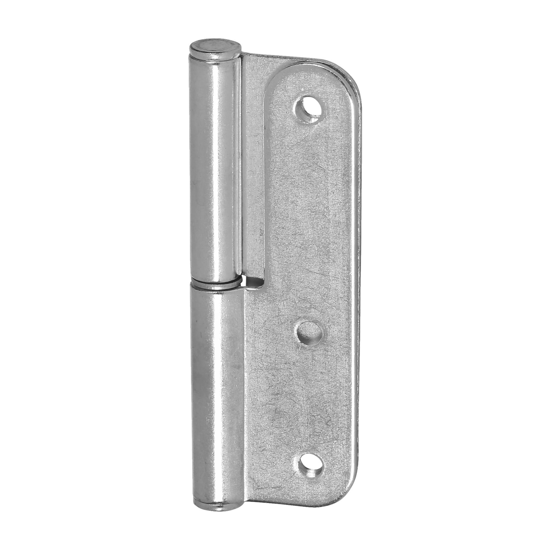 En närbild av ett Hard Head lift-off-gångjärn för vänster svängdörrar (2-pack), som visar dess silverfärgade metallyta, tre skruvhål och cylindriska stift.