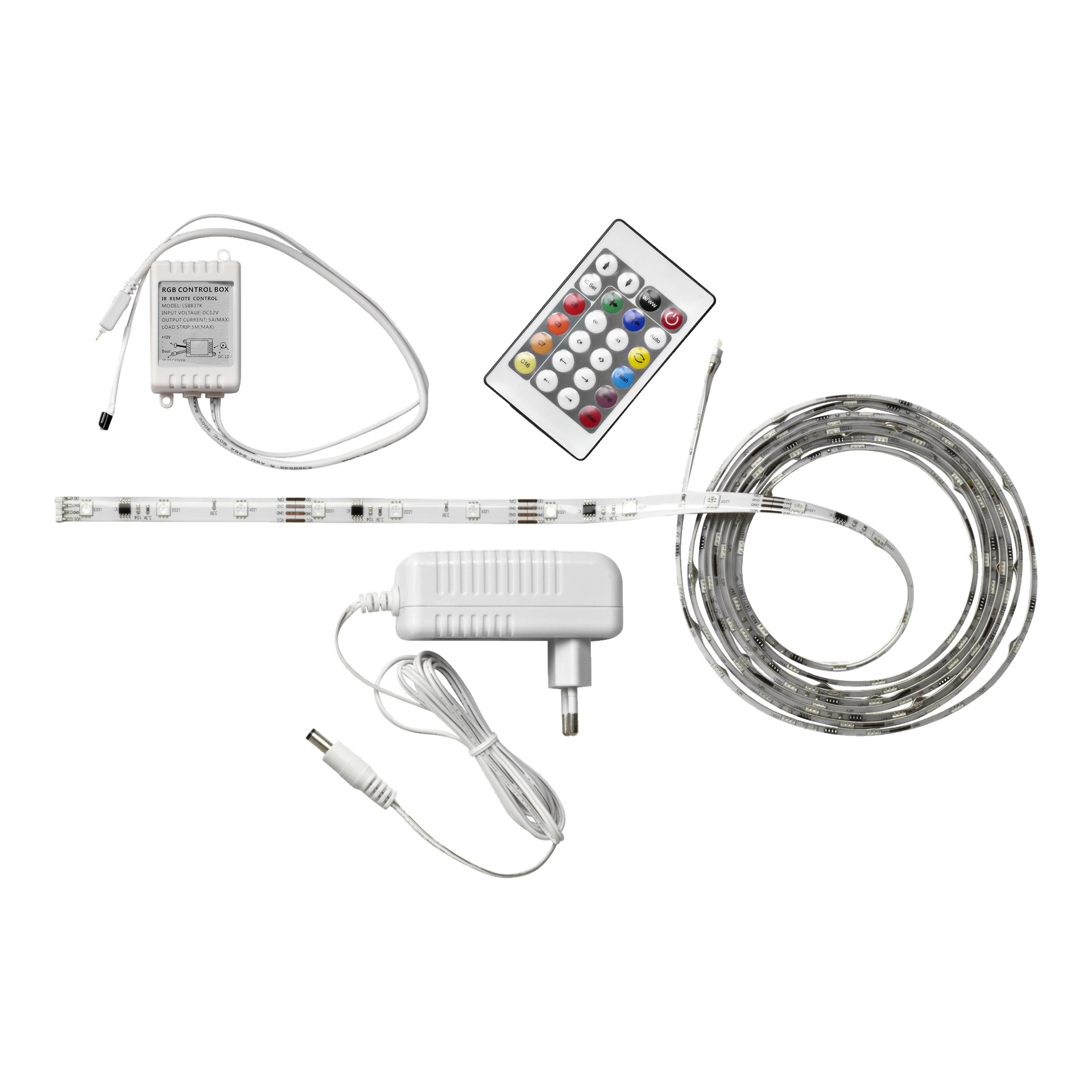 Anslut RGB-Streifen-LED-Kit wird mit einem gewickelten LED-Streifen, weißem Netzteil, Mehrknopf-Fernbedienung und Steuerbox gezeigt.