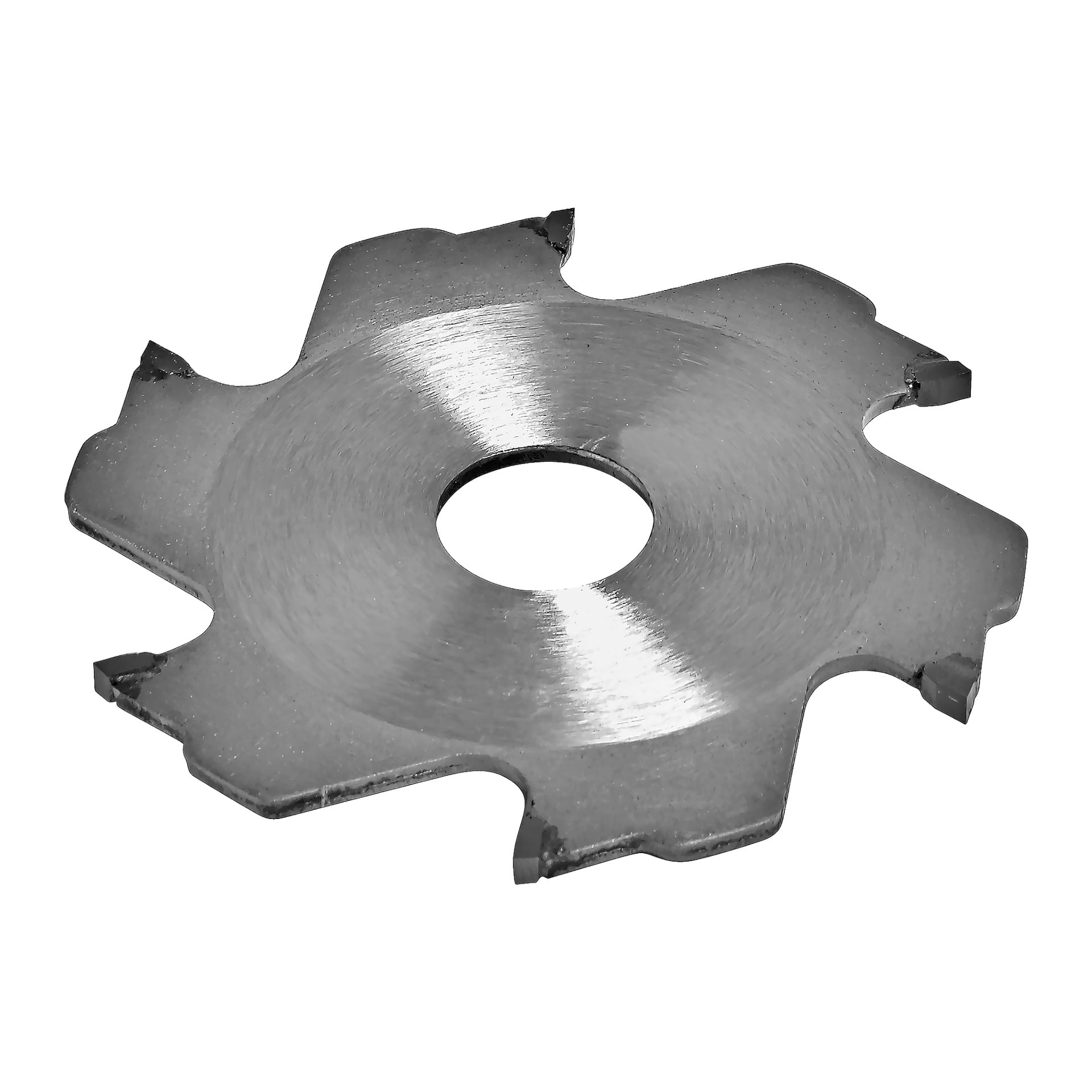 Et detaljert bilde av Meec Tools Blade viser et sirkulært metallskjæreblad med seks hakkede kanter og et sentralt hull.