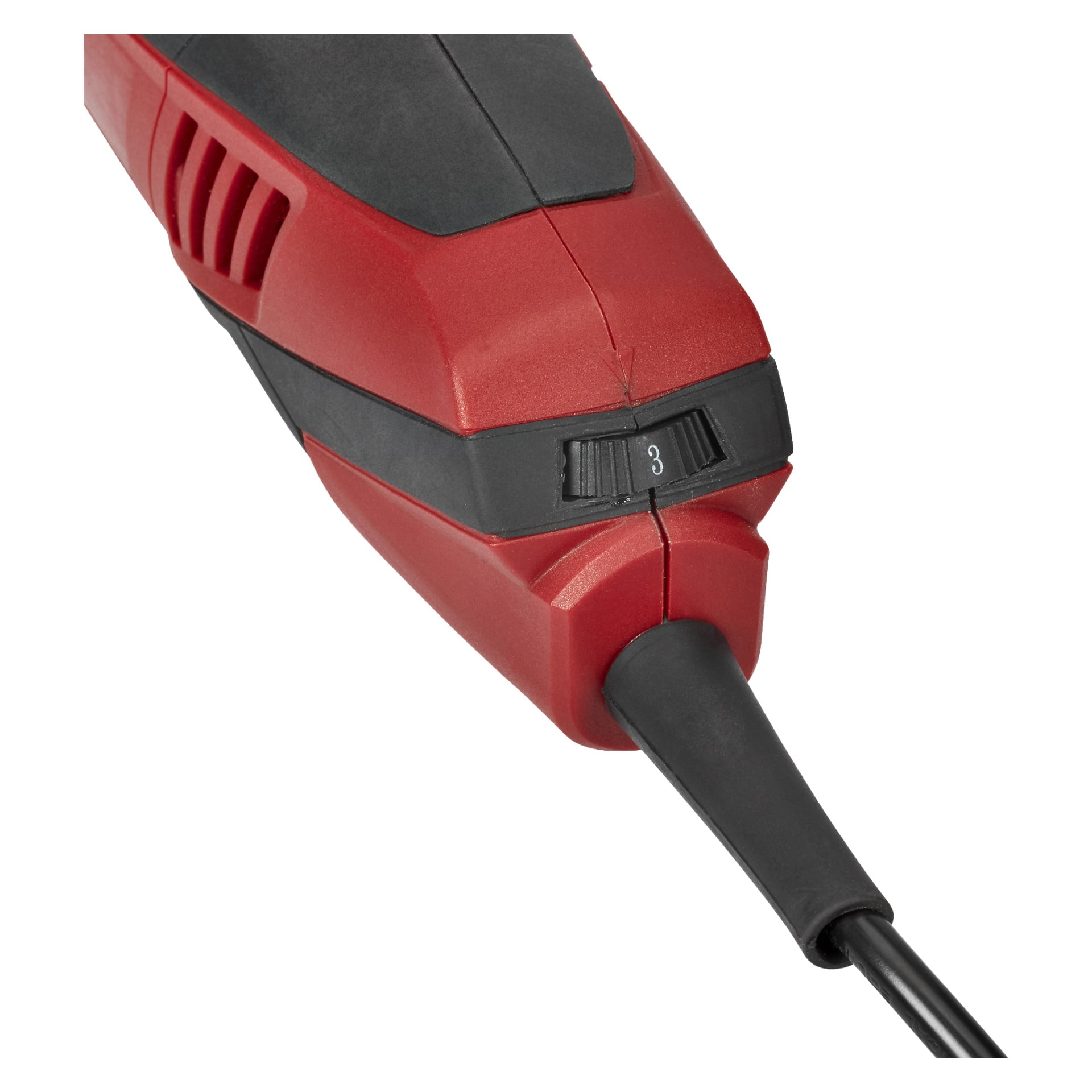Ett rött och svart Meec Tools Multitool visas i närbild, med en svart sladd ansluten och en ratt på handtaget inställt på 3. Verktyget är gjort av plast med sektioner texturerade för grepp.