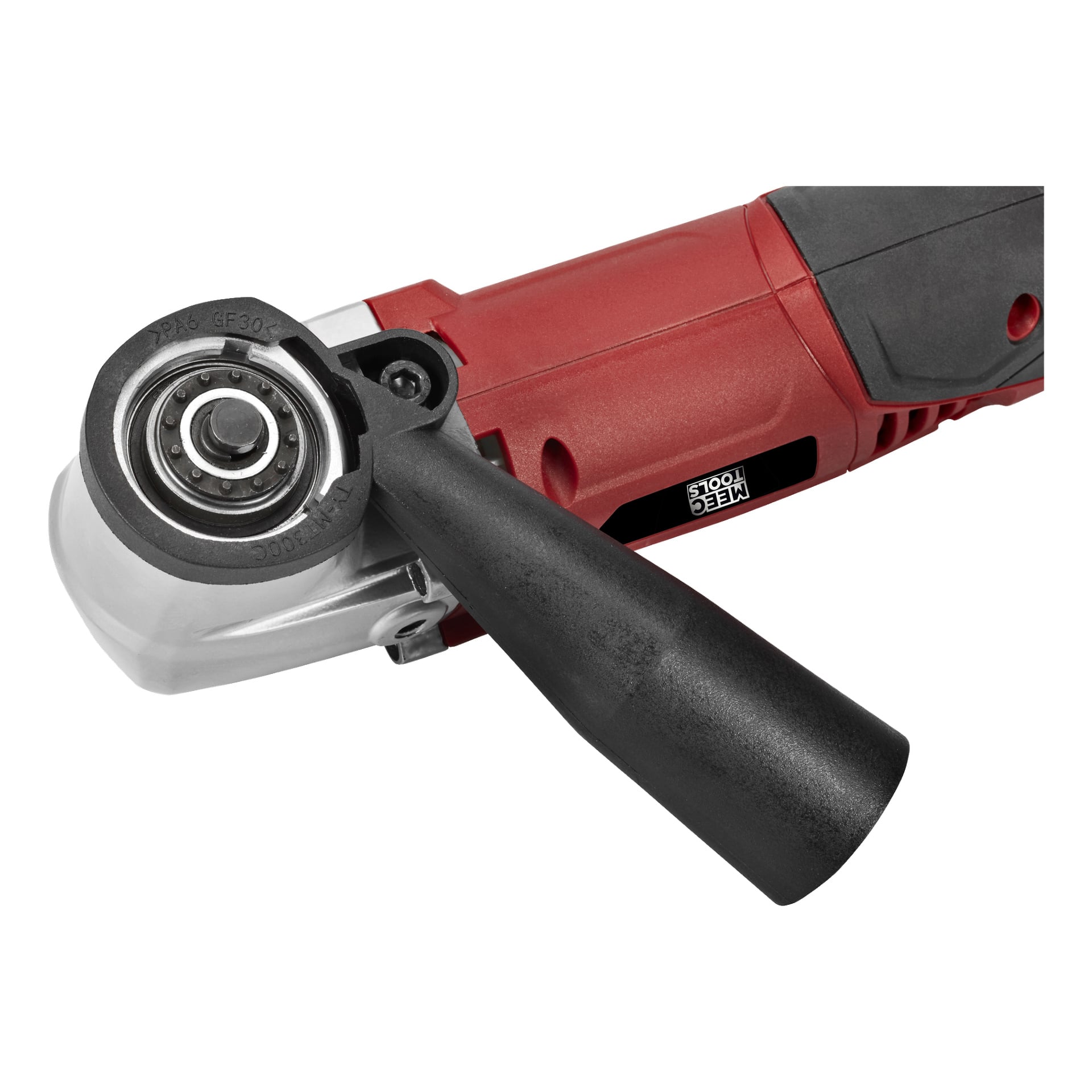 En detaljerad vy av ett rött och svart Meec Tools Multi-tool, som visar det ergonomiska handtaget, det metalliska växelhuset och fästpunkten för tillbehör.