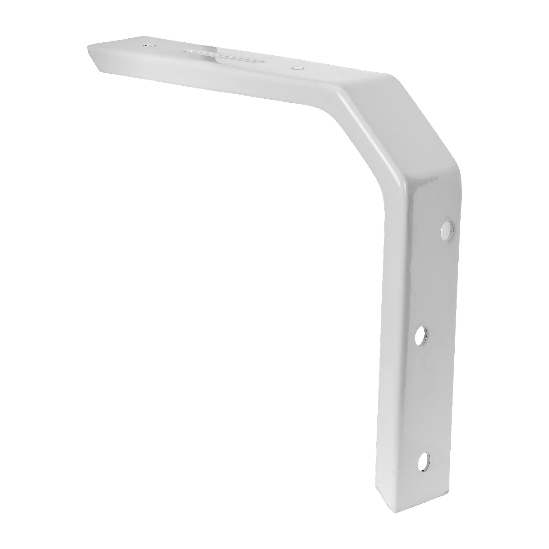 Ett vitt metallfäste för Hard Head fönstersylter med rät vinkel, designad för att stödja hyllor. Ena sidan har tre hål för montering och säker fäste.