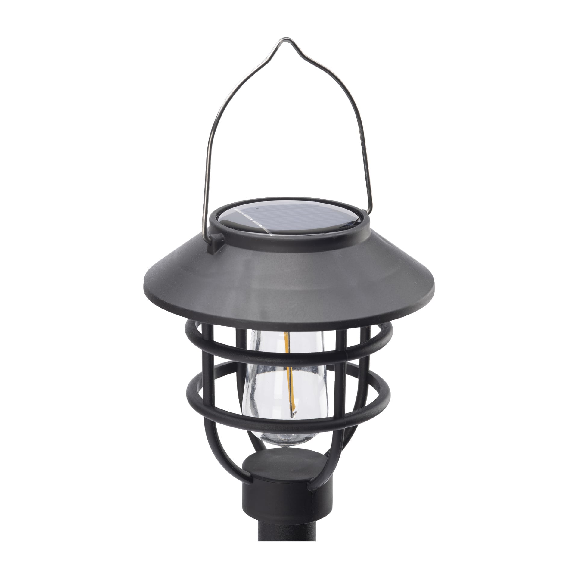 En svart utomhusträdgårdslampa med metallhandtag och skyddsstänger runt en klar lampa, toppad av en plan yta som rymmer en rund solpanel.