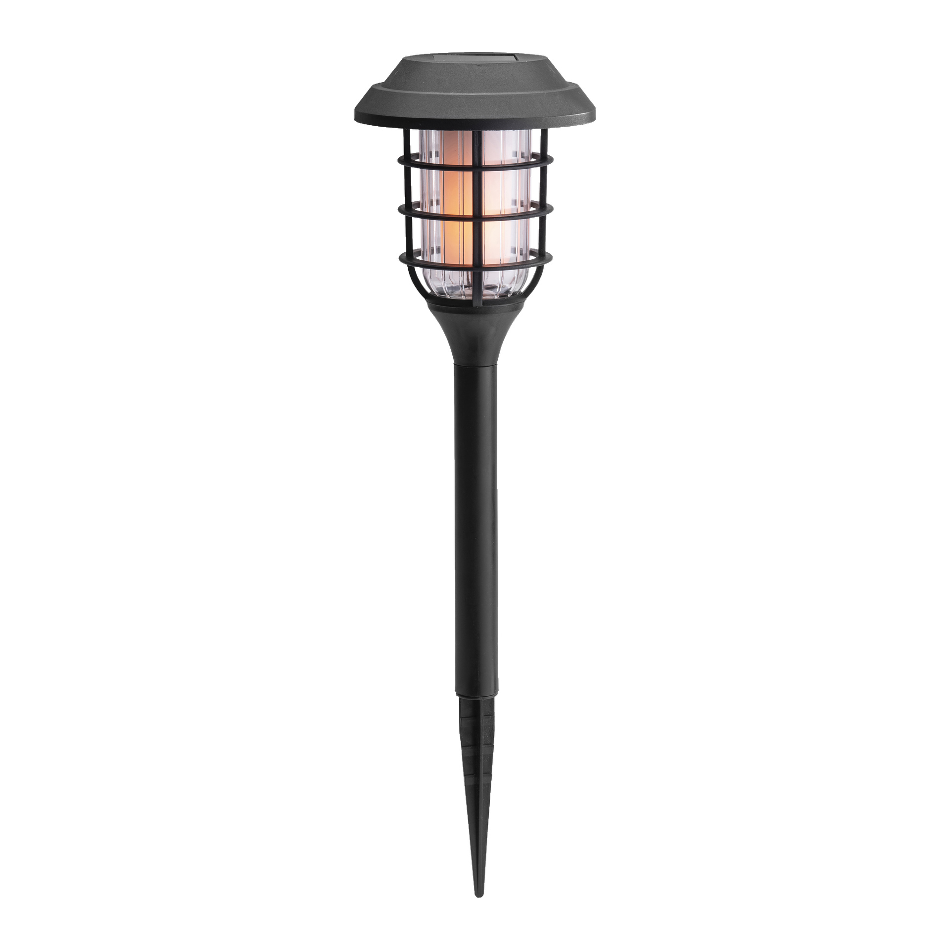 Lampa LED Anslut Solar Cell z czarną podstawą kołków i cylindryczną lampą otoczoną metalową osłoną w stylu klatki emitują ciepły blask.