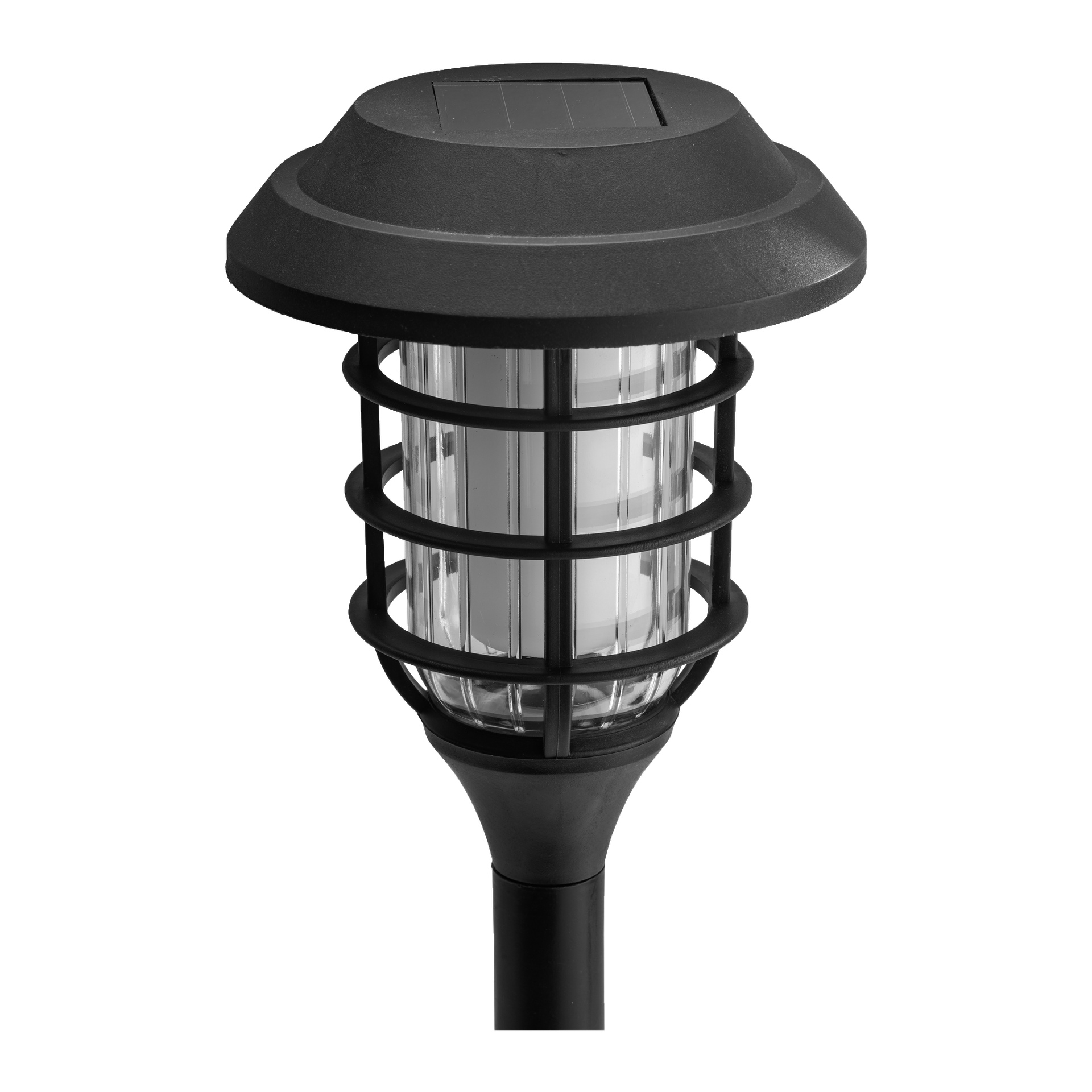 Szczegółowy widok diody LED lampy słonecznej Anslut Solar Cell podkreśla jej czarną powierzchnię, przezroczystą szklaną żarówkę wewnątrz solidnej metalowej klatki oraz panel słoneczny zamontowany na górze.