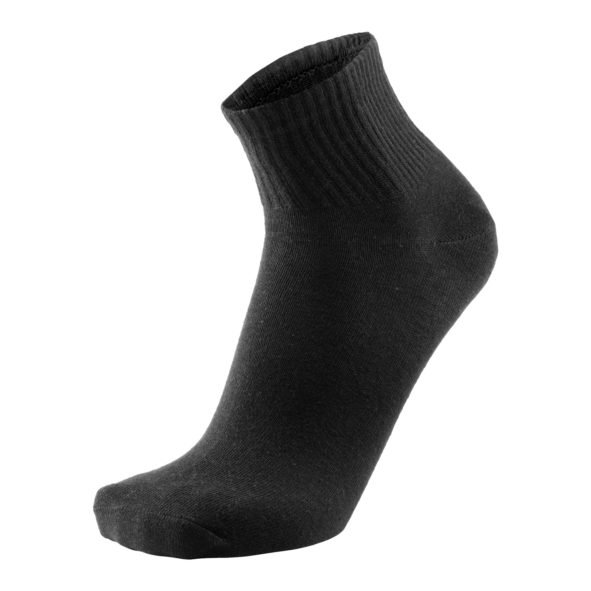 En enda svart fotledslång strumpa från Bluewear Socks 3-pack visas, oanvänd och med resårmanschett, arrangerad för att tydligt visa dess fulla form.
