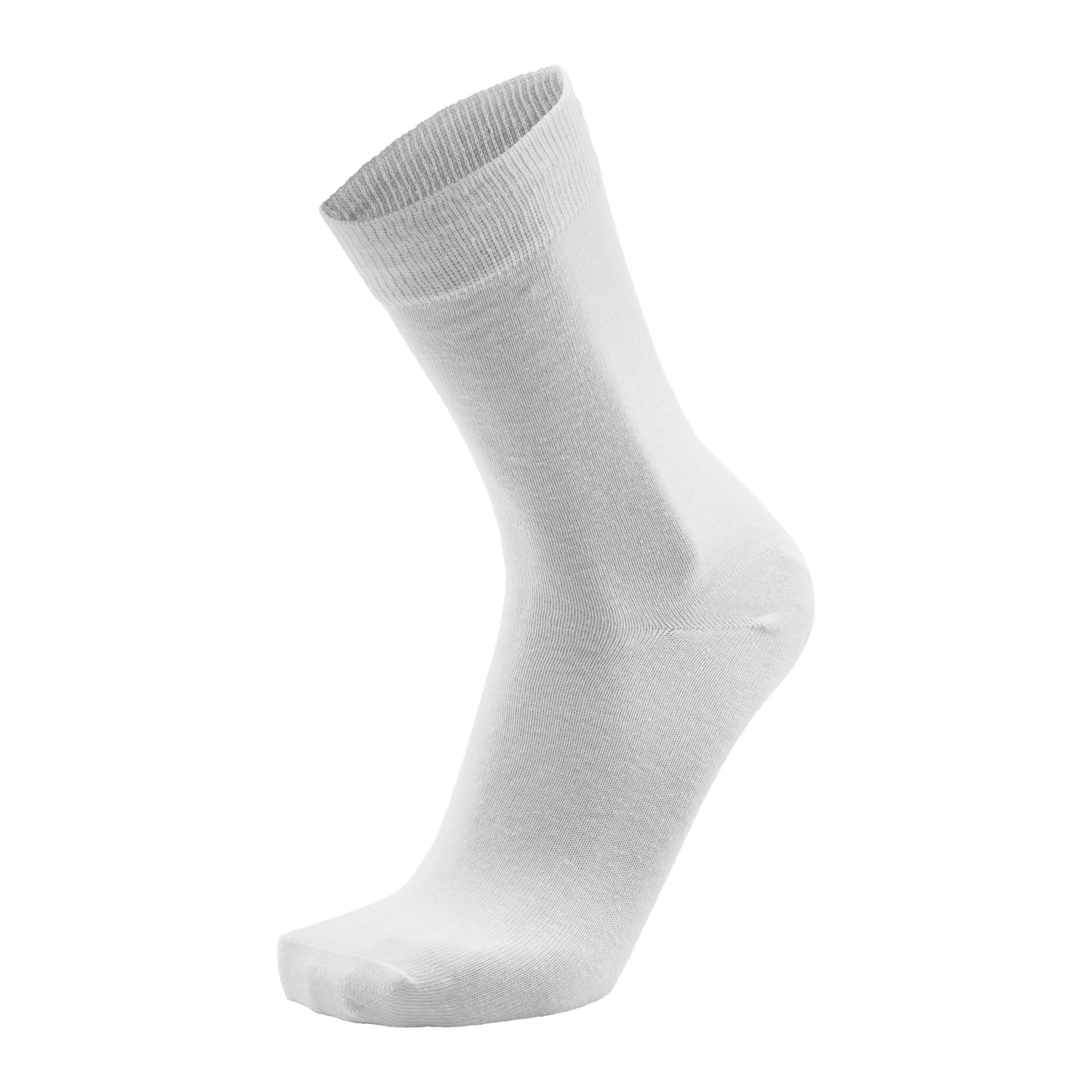 En enkel vit Bluewear crew-strumpa från Socks 5-par-setet står upprätt. Den har en ribbad mudd och slätt tyg längs foten och vristen.