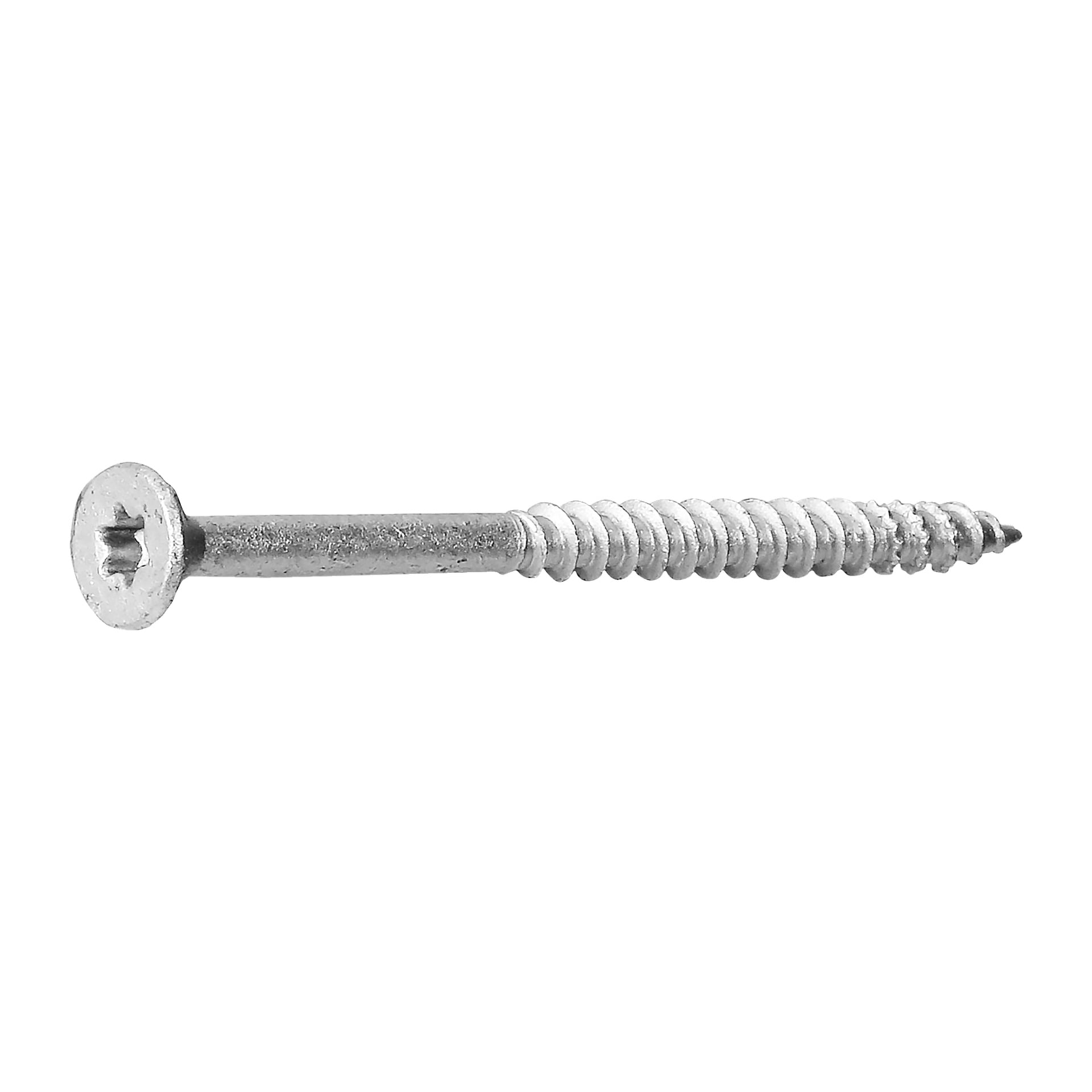 En närbild på en enda Hard Head träskruv med en blank silverfinish, som visar dess platta huvud, Phillips-driv, gängad axel och vassa spetsiga ände.