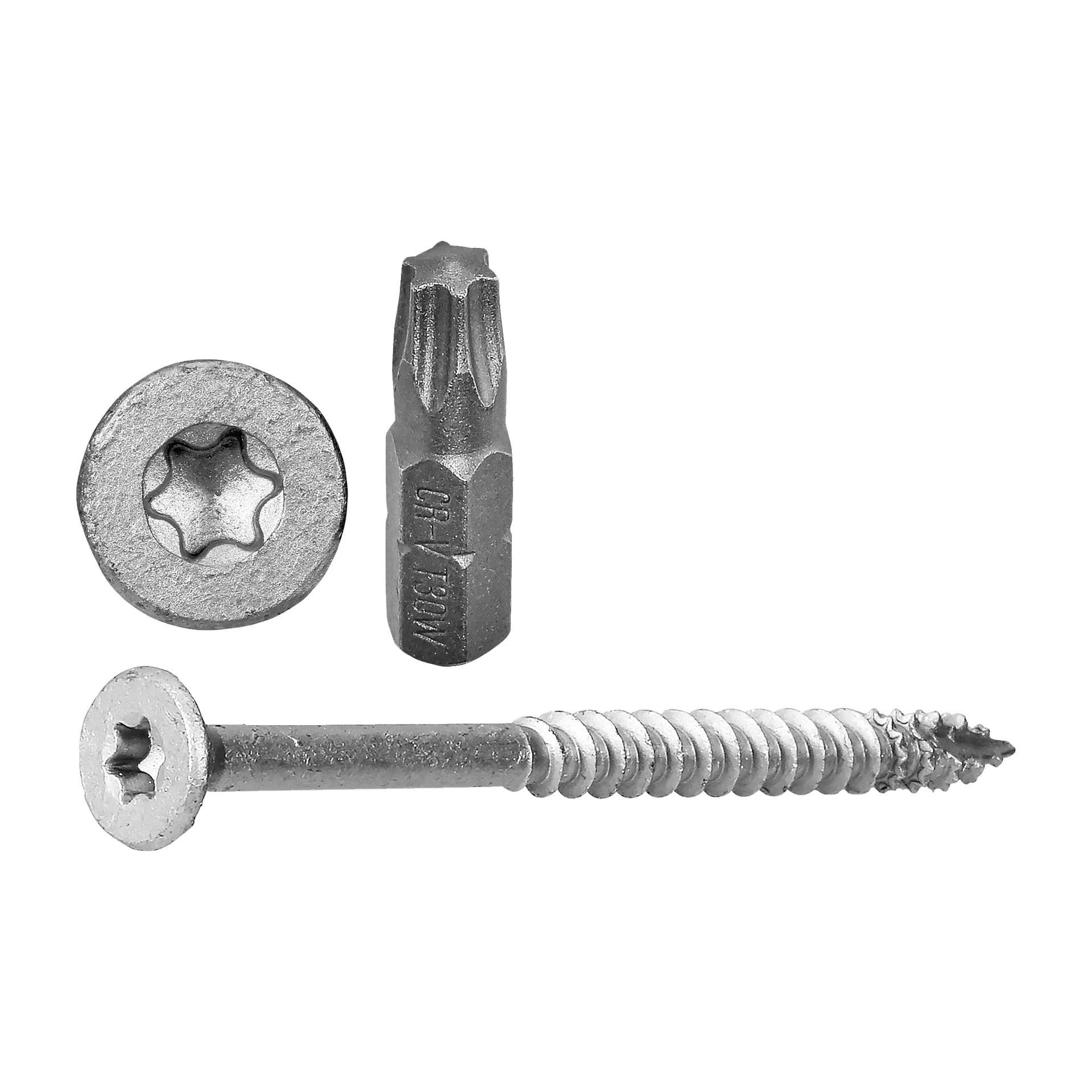 En silverfärgad hård huvudträskruv med Torx-huvud, visad tillsammans med en matchande Torx-bit och en detaljerad vy av Torx-drivuttaget.
