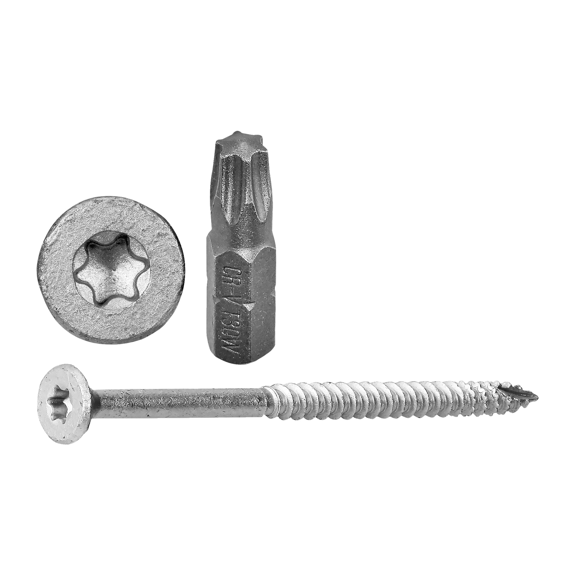 En detaljerad närbild visar en hård träskruv med ett silverfärgat Torx-huvud, placerat bredvid en matchande stjärnformad bit och bricka, allt ordnat på ett ordnat sätt.