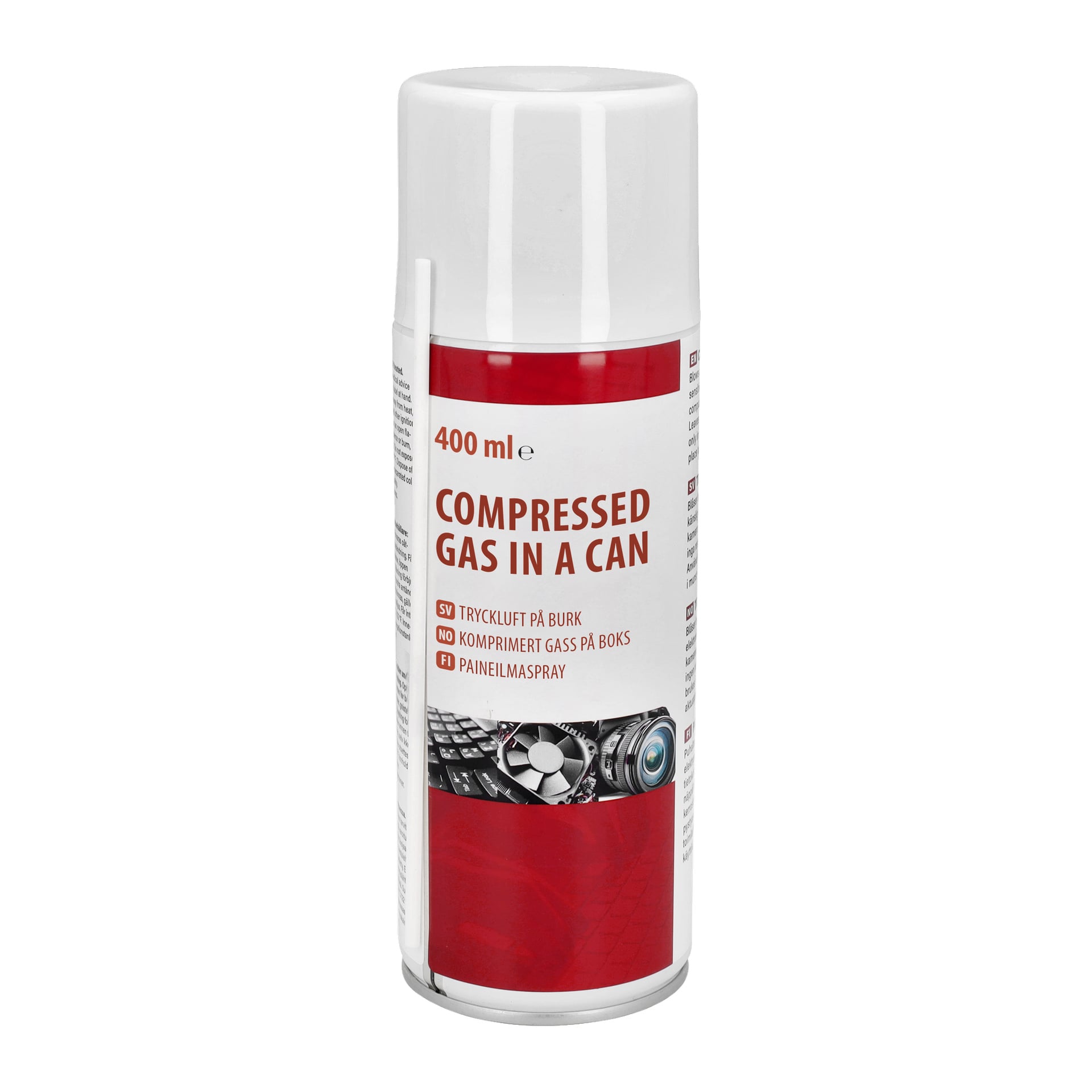 400 ml:n valkoinen purkki paineistettua kaasua No brand EMW:ltä, punaisilla ja hopeisilla yksityiskohdilla, lainattuja tekstejä kuten Compressed Gas ja 400 ml sekä ohut pilli kohdennettua ruiskutusta varten.