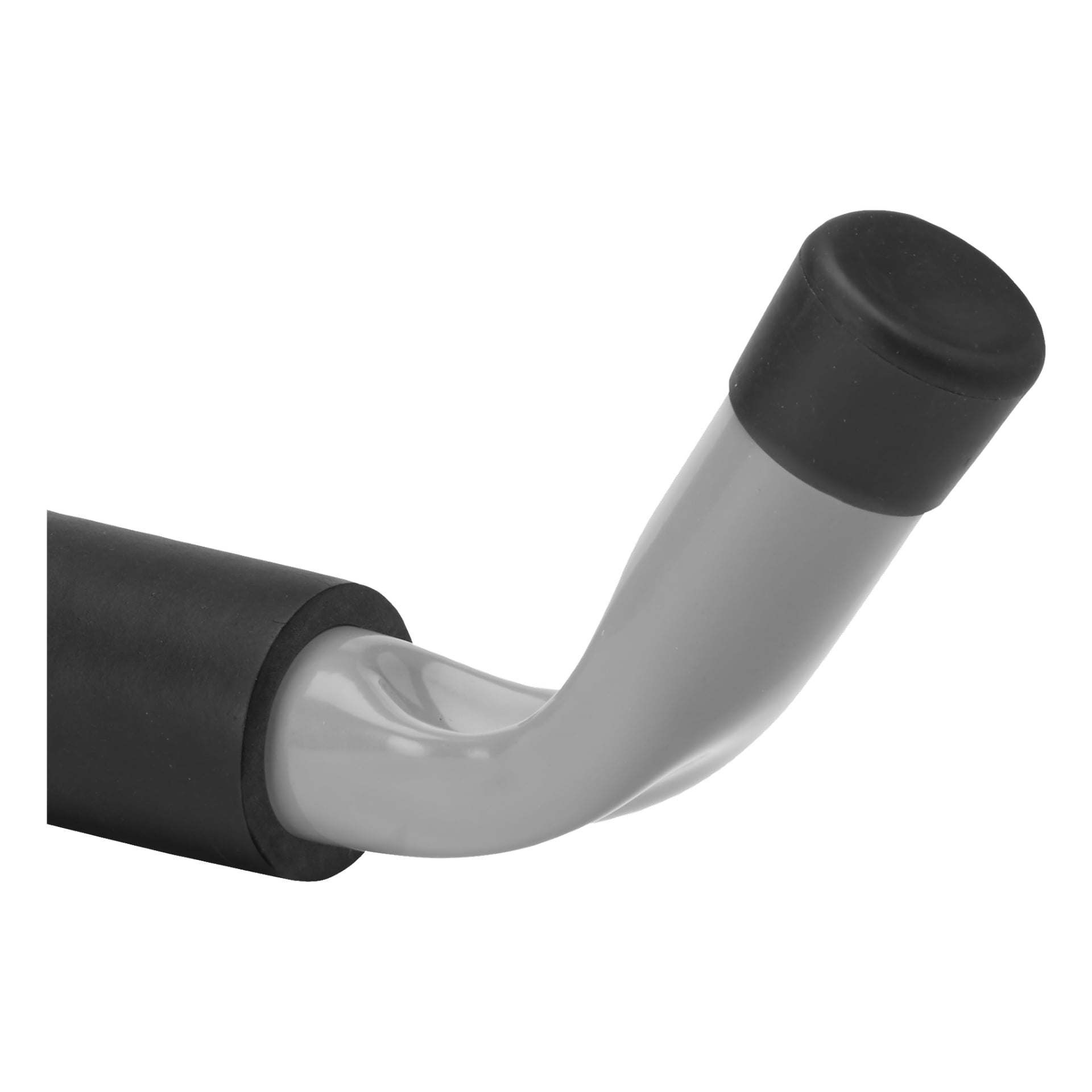 Et nærbilde av Hard Head Wall Hook viser en buet metallstang med svart gummigrep i den ene enden og en svart gummihette i motsatt ende.