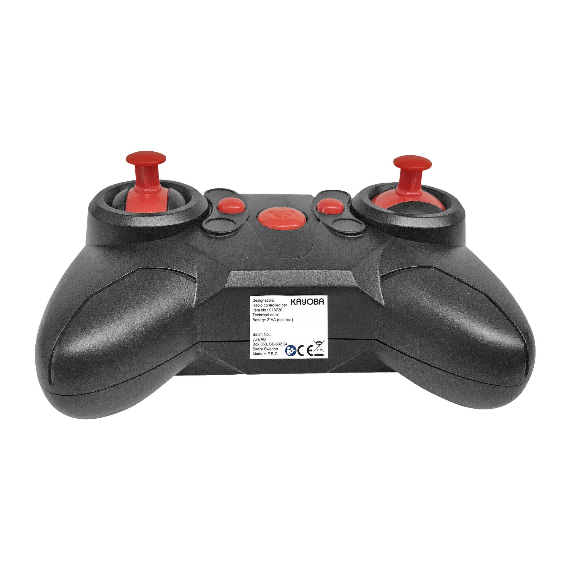 En svart och röd radiostyrning med två joysticks och flera knappar, som visar en vit etikett med Kayoba-varumärket, regleringsikoner och detaljer om den radiostyrda bilen.