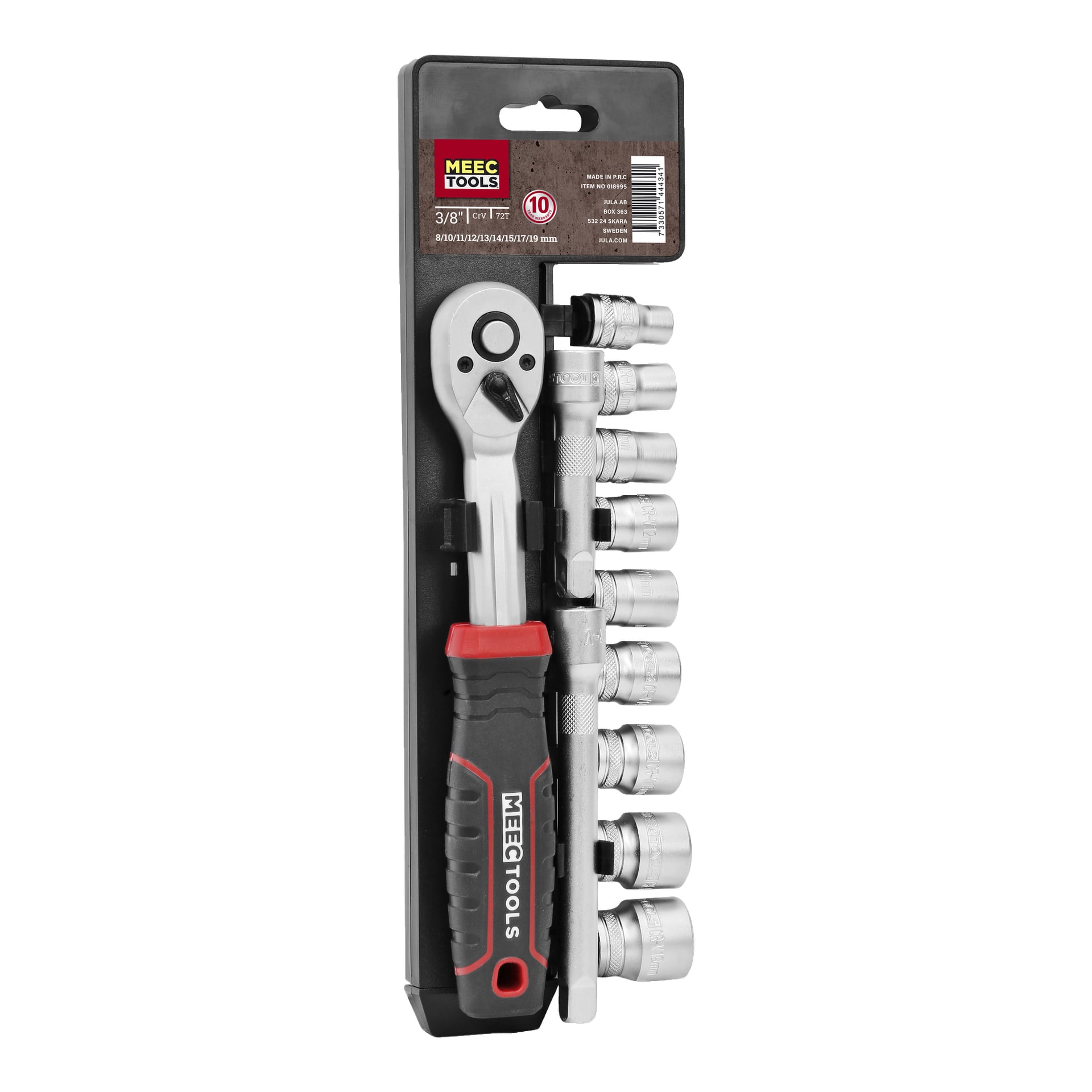 Ett 12-delat Meec Tools hylsnyckelset i förpackningen, inklusive spärrhandtag, förlängningsstång och åtta hylsor från 8 mm till 19 mm, alla organiserade i en vertikal rad på en svart plasthållare med produktinformation ovanför.