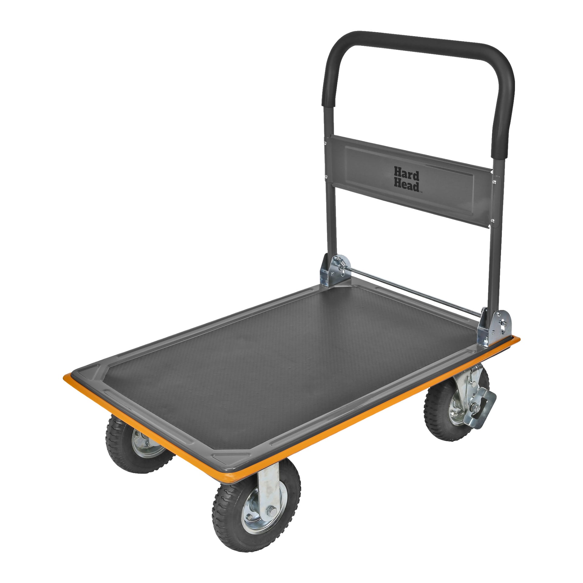 En Hard Head plattformtrolley med flat overflate, fire svarte hjul, svart håndtak og oransje dekor. Håndtakstøtten viser merket Hard Head.