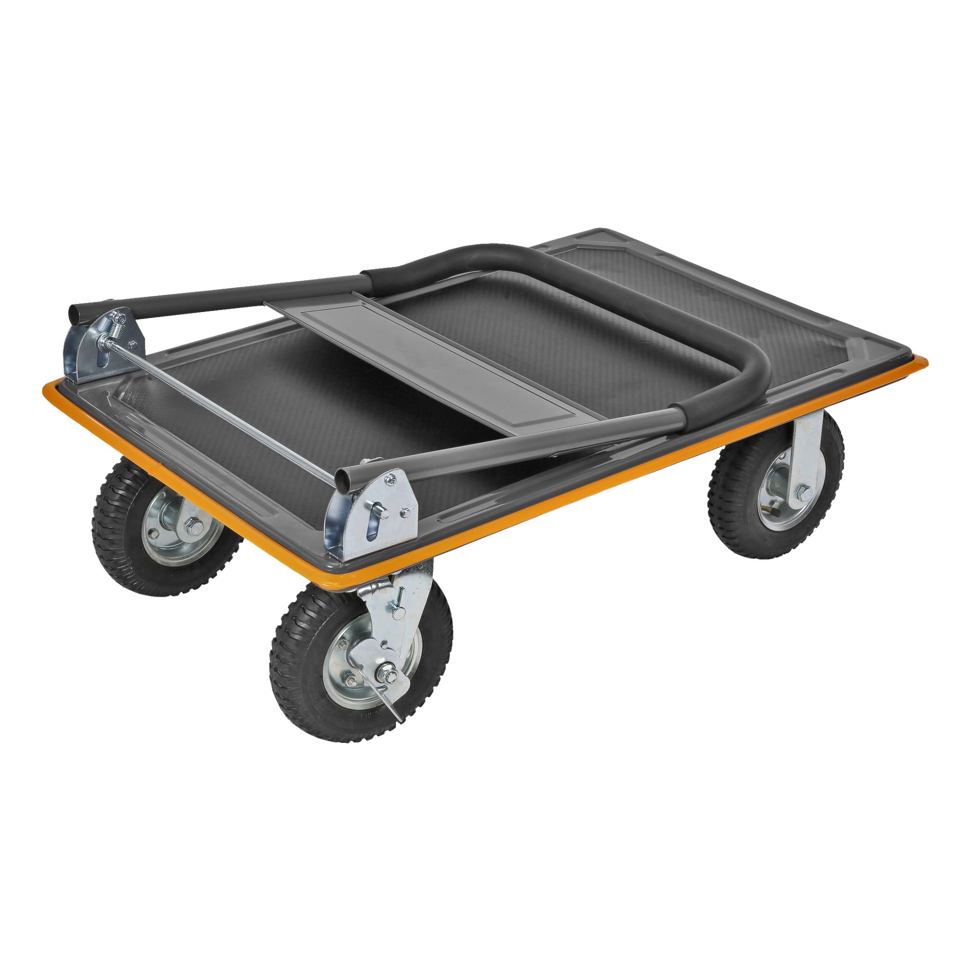 En svart og oransje Hard Head plattformtrolley med fire store hjul og et håndtak som kan foldes flatt ned på basen for enkel oppbevaring.