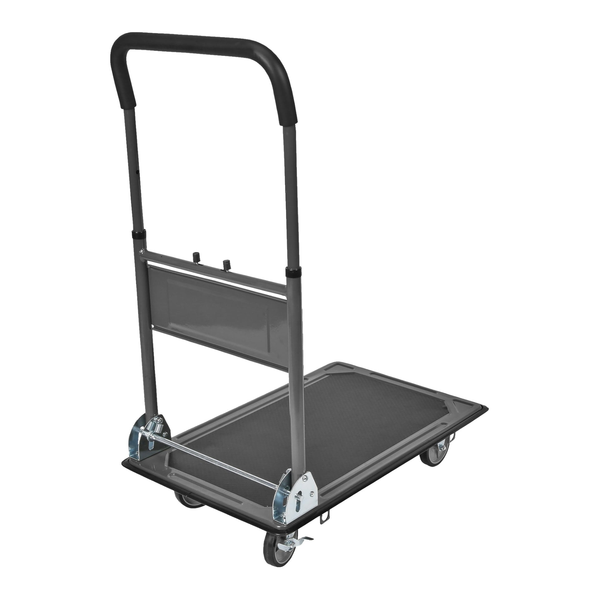 En Hard Head Platform-vagn med en metallflak, fyra hjul för rörlighet, ett svart skjuthandtag och en rektangulär plattform lämplig för att transportera föremål eller material.