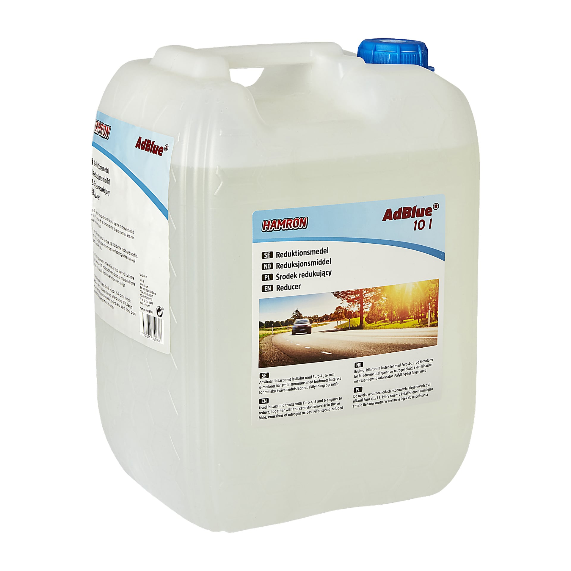 En 10-liters genomskinlig plastbehållare för Hamron Reducer AdBlue® med blå skruvlock, som visar en etikett med produktdetaljer, en bild på en bil och användarinstruktioner.