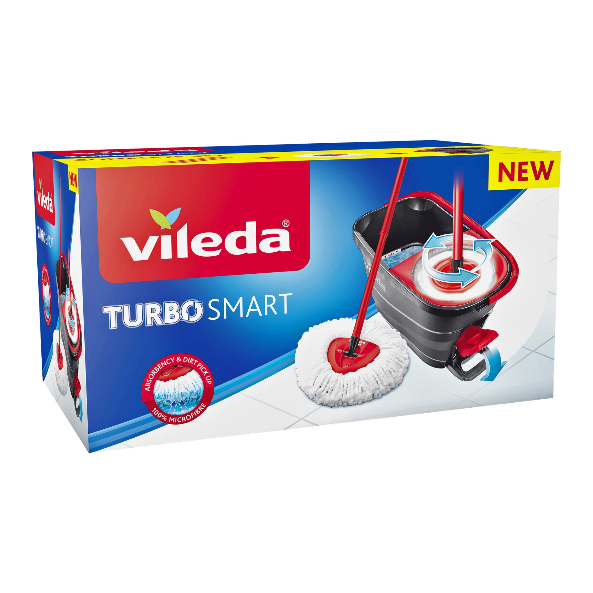 En Vileda Mop set Turbo Smart-låda visar en röd mopp tillsammans med en svart hink med en wringer. Förpackningen marknadsför funktioner som "NY", "Absorberande och smutsuppsamling" och "100 % mikrofiber".