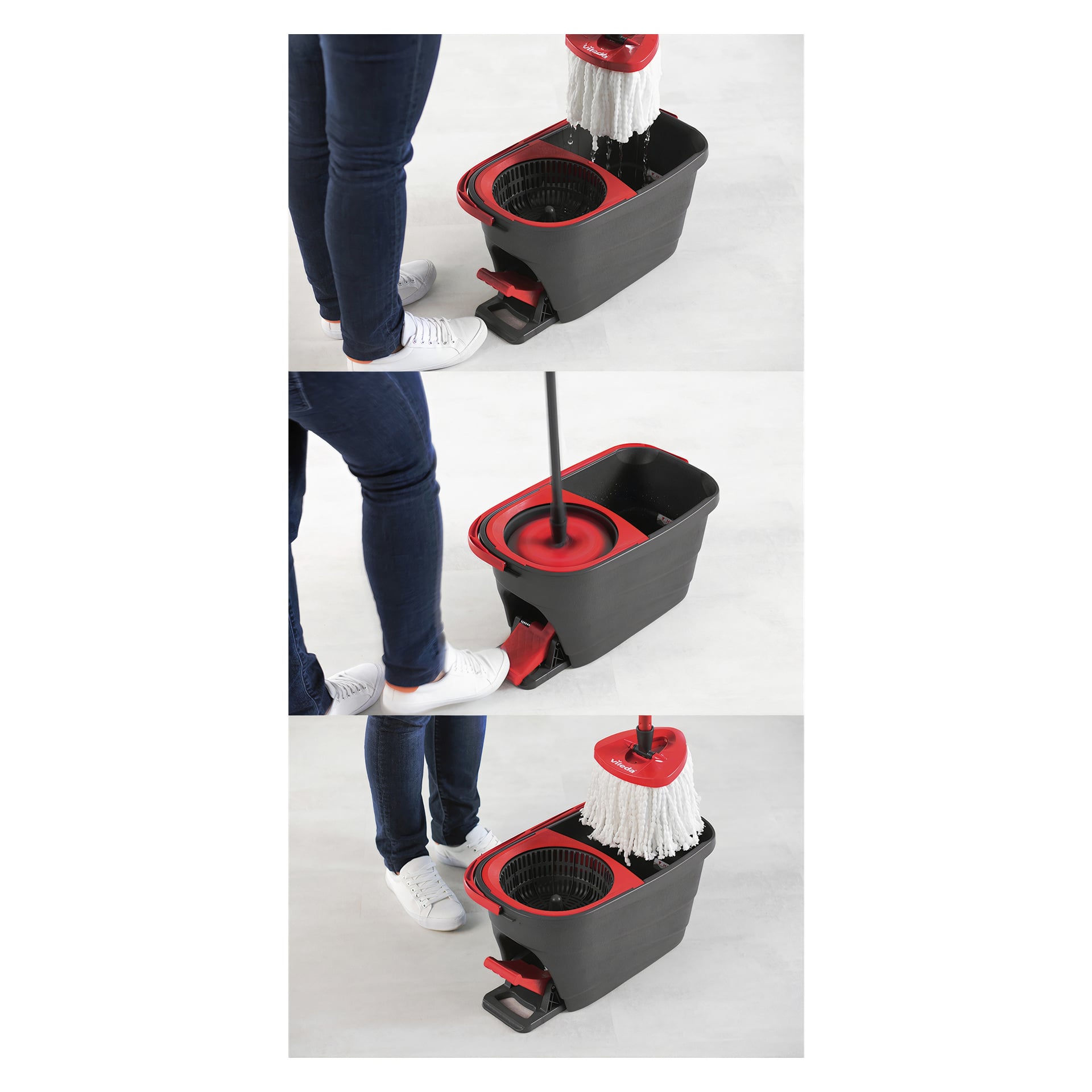 Någon kör Vileda Mop-setet Turbo Smart, med en svart och röd hink med fotpedal, som snurrar och vrider ur en blöt mopp. Stegen visar hur man trycker på pedalen för att snurra moppen inne i hinken.
