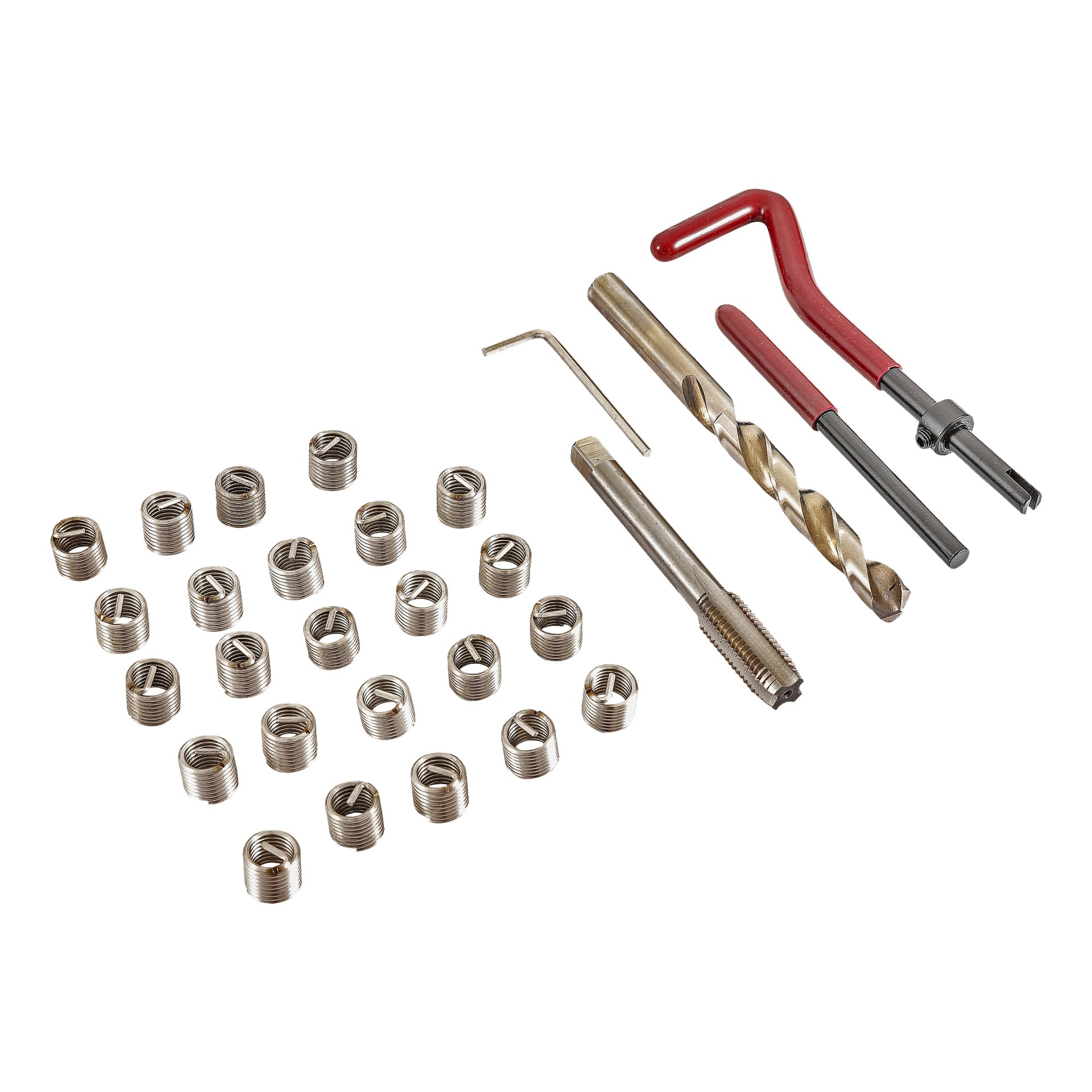 Ett gängreparationskit från Meec Tools som inkluderar metallinsatser, borr, kran, en installatör med rött handtag och en liten insexnyckel arrangerad tillsammans.