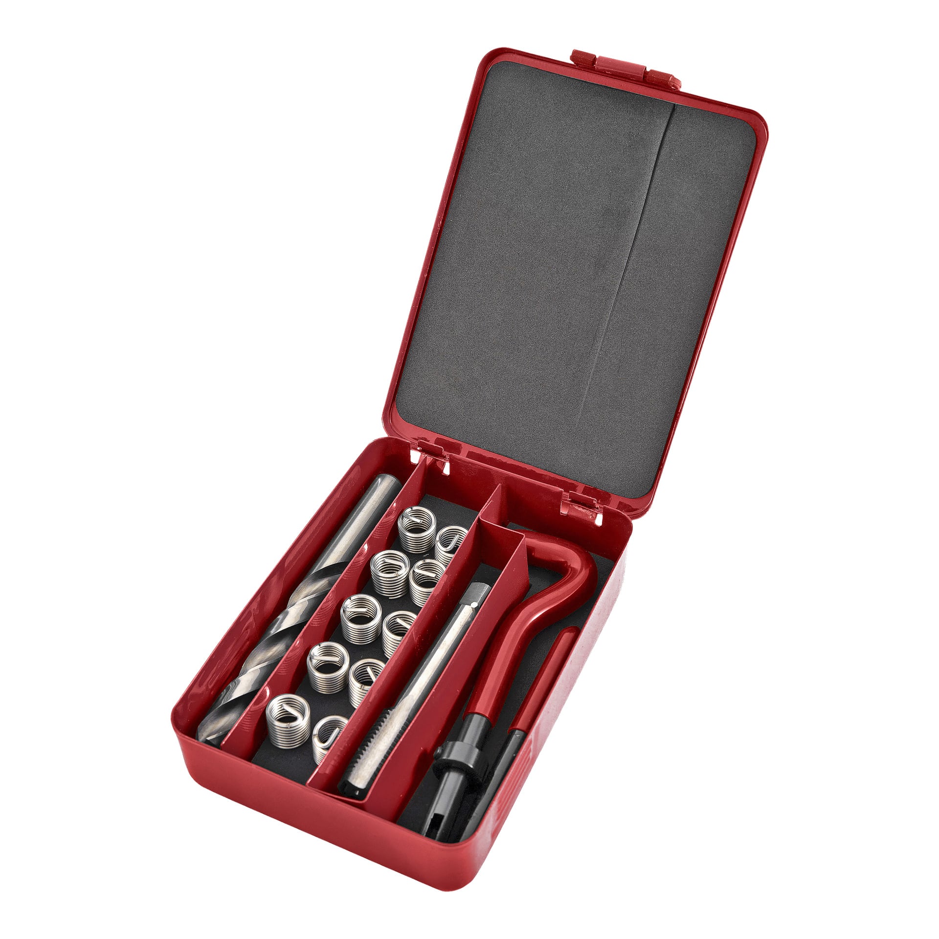 Ett Meec Tools Thread Repair Kit placerat i ett rött plastfodral med organiserade fack som håller metallinsatser, borrbits, ett verktyg med svart handtag och ett rött insättningsverktyg.