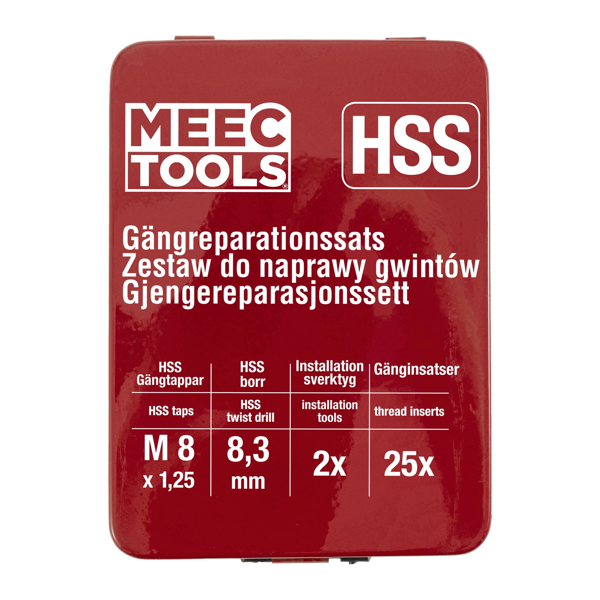 Meec Tools Thread reparationskit i en röd metalllåda med flerspråkig märkning som listar de inkluderade delarna: M8 HSS-tappar, 8,3 mm HSS twistborr, två installationsverktyg och 25 gänginsatser.