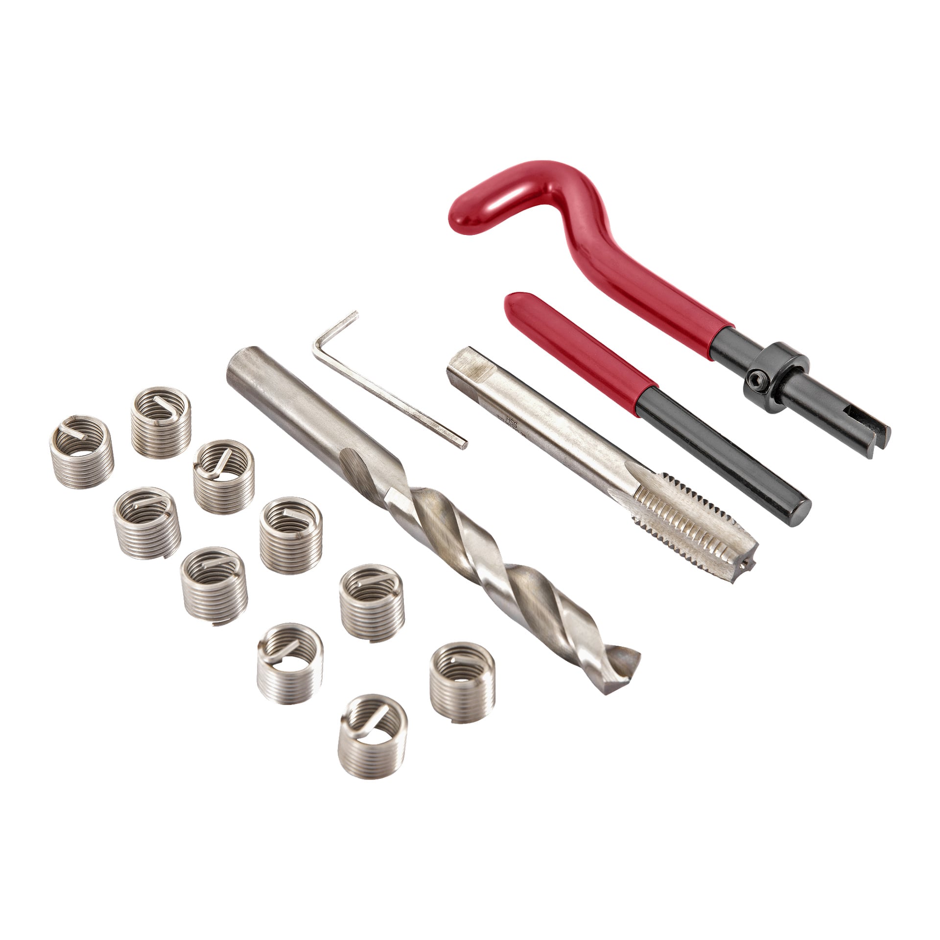 Meec Tools gängreparationskit innehåller metallinsatser, en vridborr, en tapp, ett installationsverktyg med rött handtag, ett tangbrytningsverktyg och en liten L-formad insexnyckel, allt prydligt organiserat.