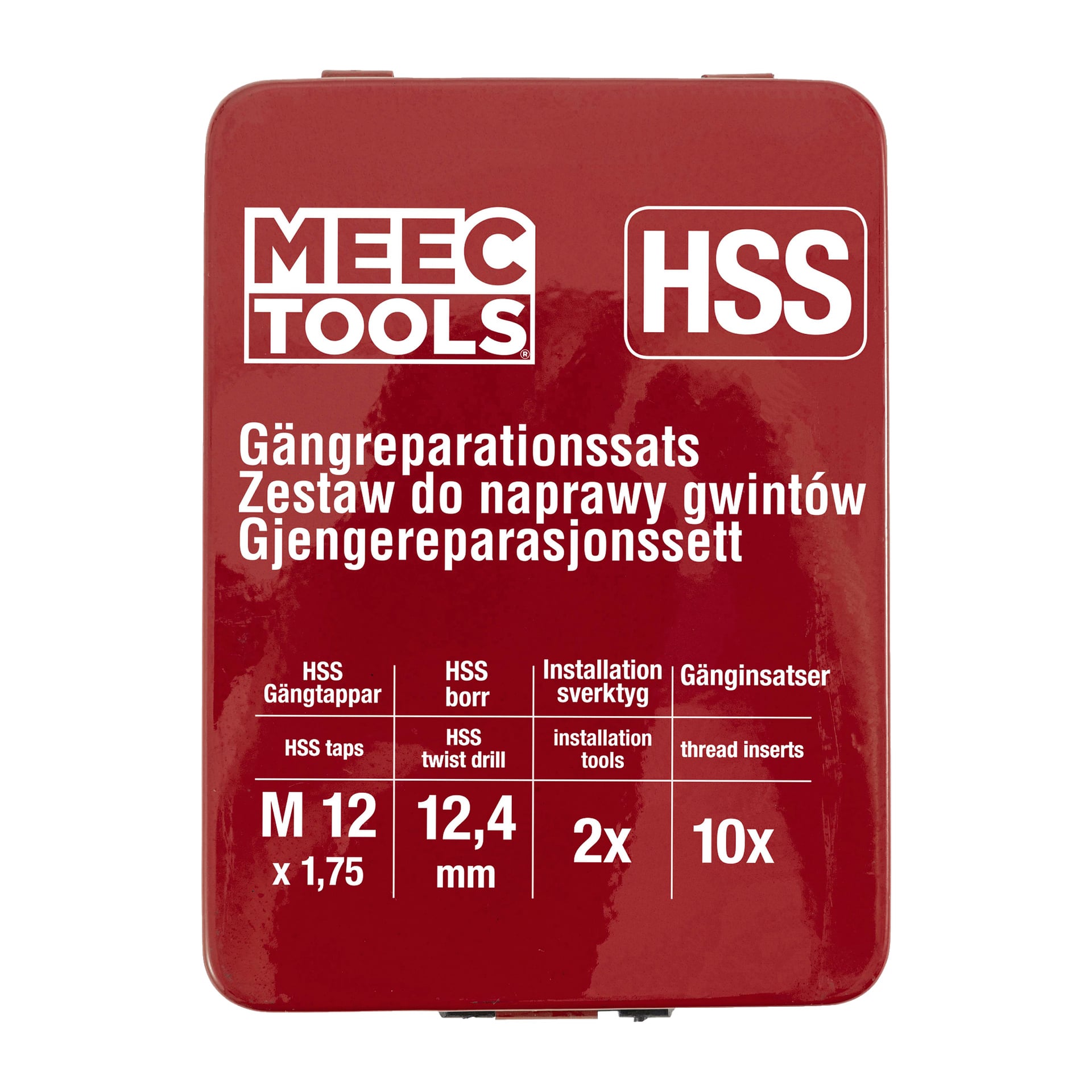 En röd Meec Tools gängreparationslåda med vittext som listar specifikationer som HSS M12 x 1,75, ett mått på 12,4 mm, två installationsverktyg, tio gänginsatser och detaljer på flera språk.