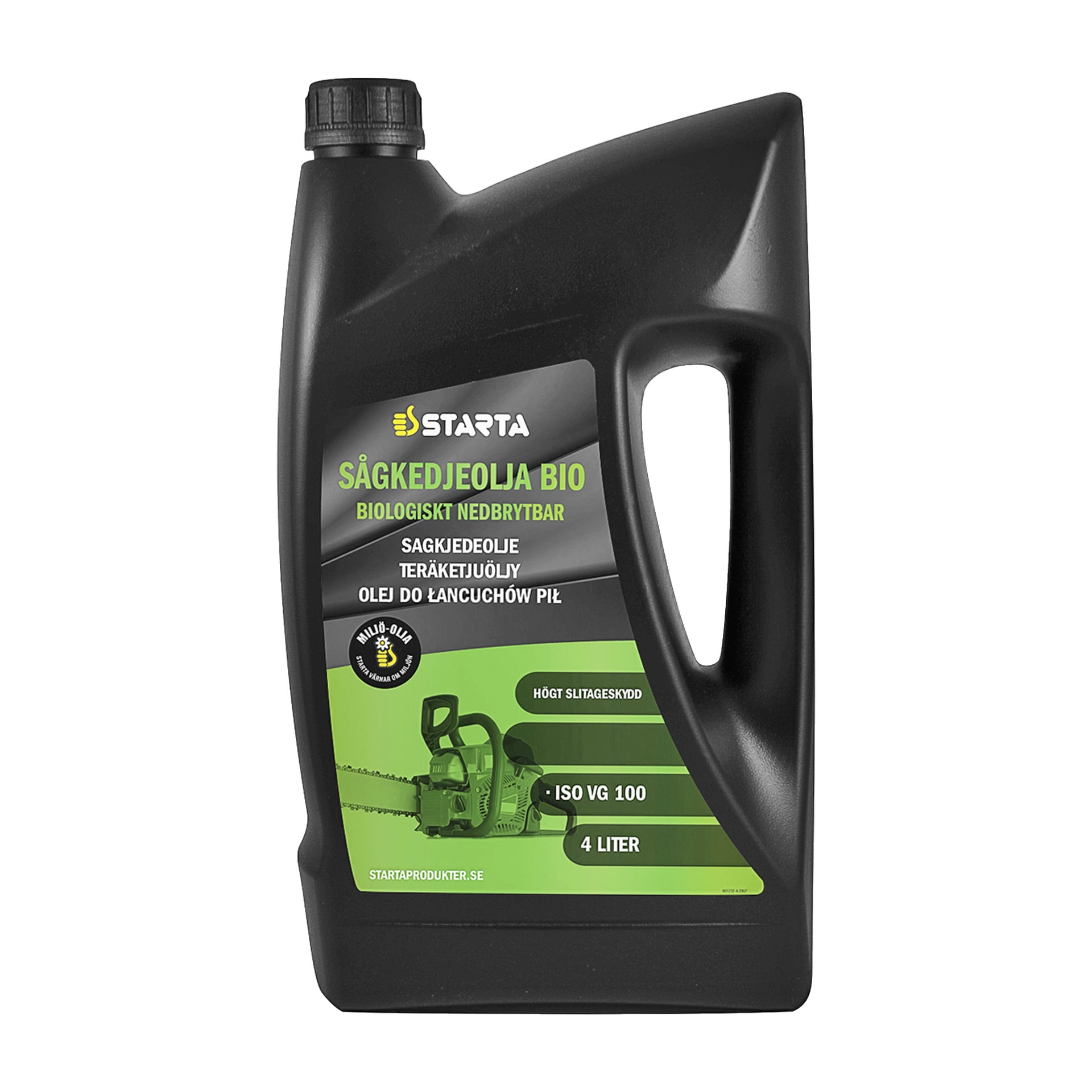 En 4-liters svart plastbehållare med Starta Saw chain oil Bio med en grön och gul etikett som visar olika texter och en bild på en motorsåg och dess kedja.
