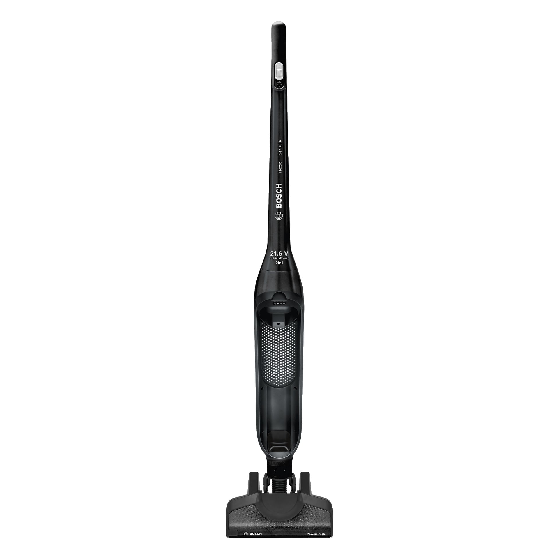 Bosch Flexxo BBH32101 upprättstående dammsugare i svart och har en slank profil med strömbrytare och ventilationshål framtill. Laddningsporten och 21,6V-markeringen visas tydligt.