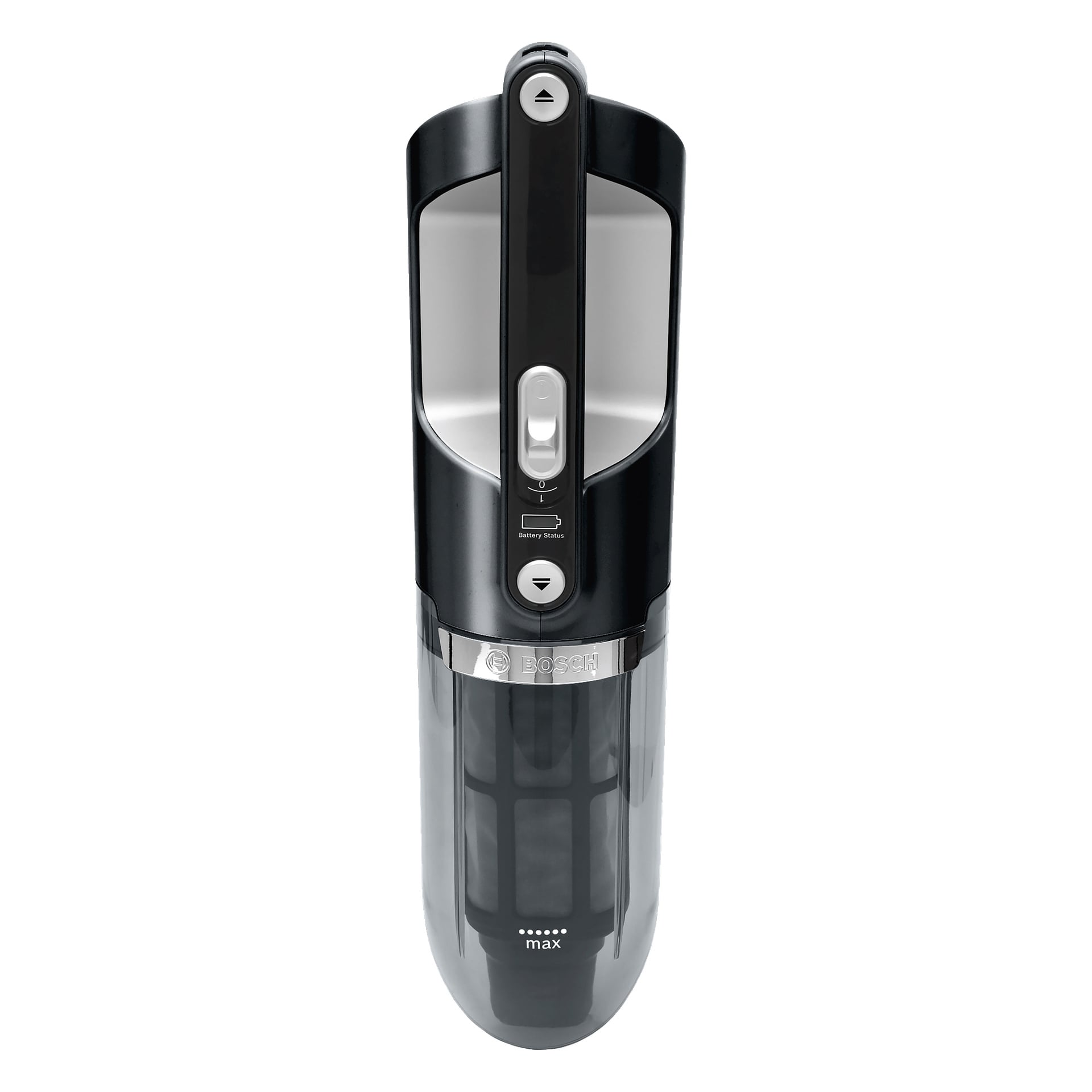 Bosch Flexxo BBH32101 upprättstående dammsugare, svart och grå, står vertikalt med ett centralt handtag, batterinivåindikator, strömbrytare och en genomskinlig dammbehållare markerad med en maxpåfyllningslinje.