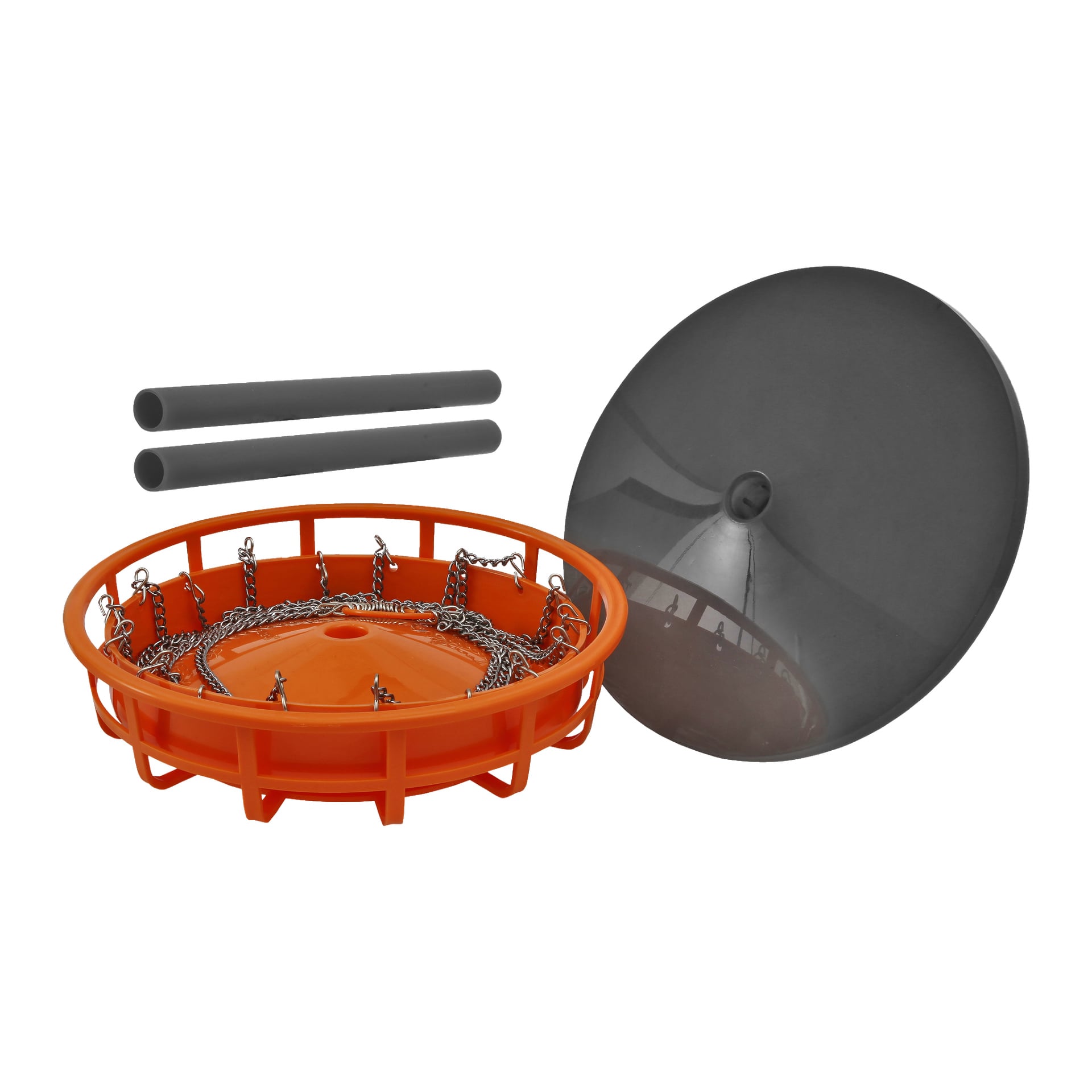 Ett demonterat Kayoba Disc Golf Set Mini visas, inklusive en orange cirkulär bas med metallkedjor, ett stort grått kupolformat lock och två grå cylindriska rör.